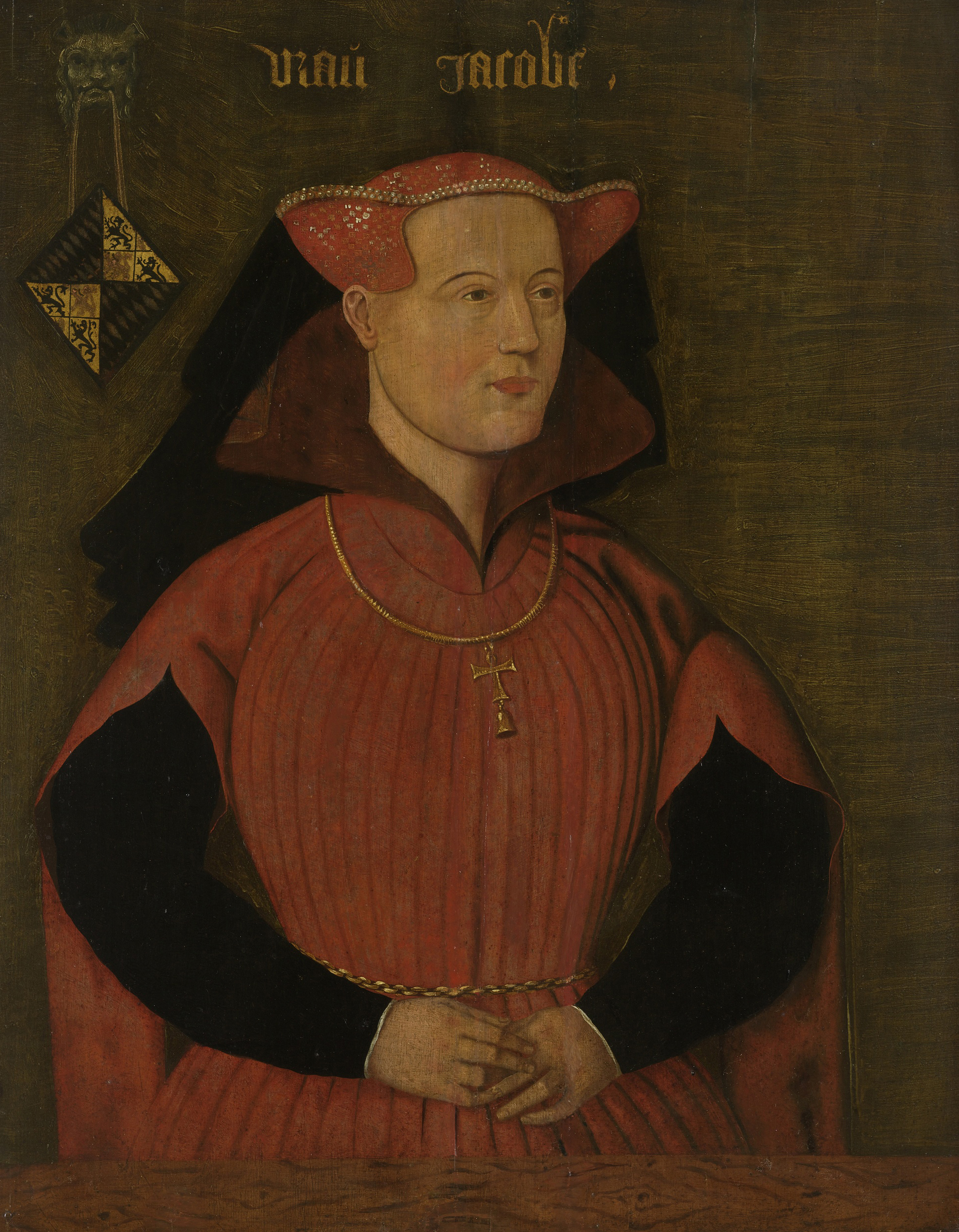 Portrait of Jacoba of Bavaria, oil on panel by unknown artist, featuring a noblewoman in an embroidered gown.
