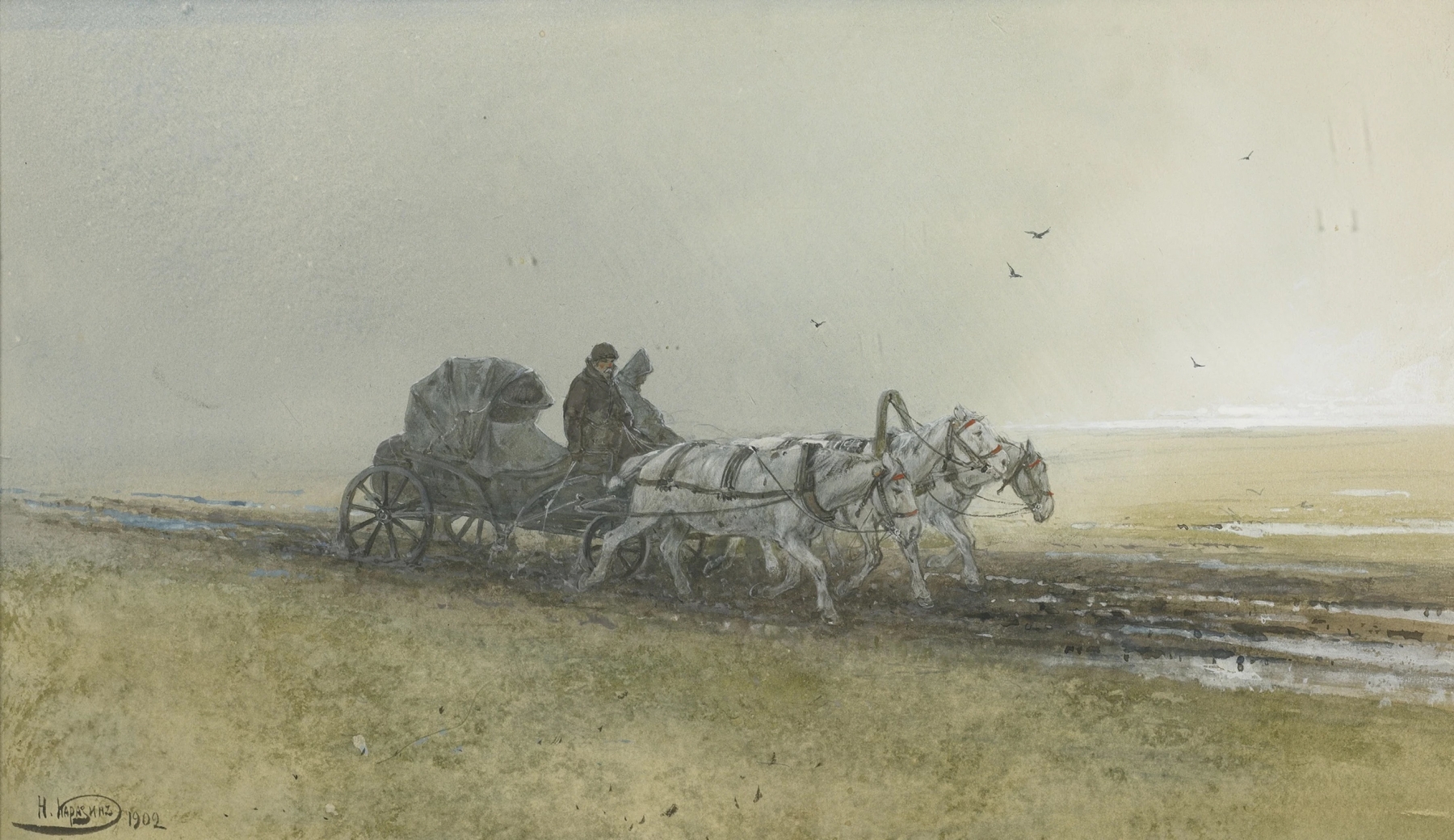 Travelers Driving a Troika After the Rain, oil on canvas by Nikolai Nikolaevich Karazin