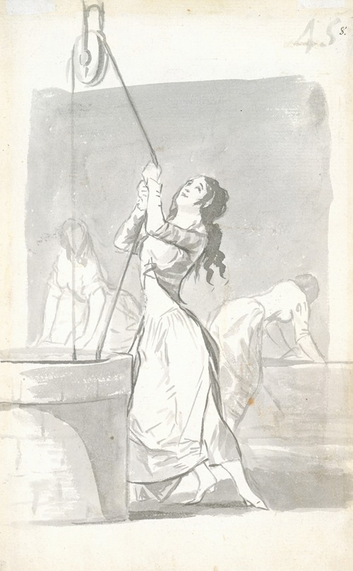 A depiction of three women engaged in daily tasks by a well.