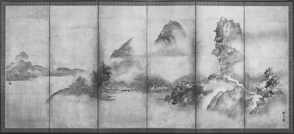 Mountain Landscape, ink on paper by Shūgetsu Tōkan depicting hills and a river.