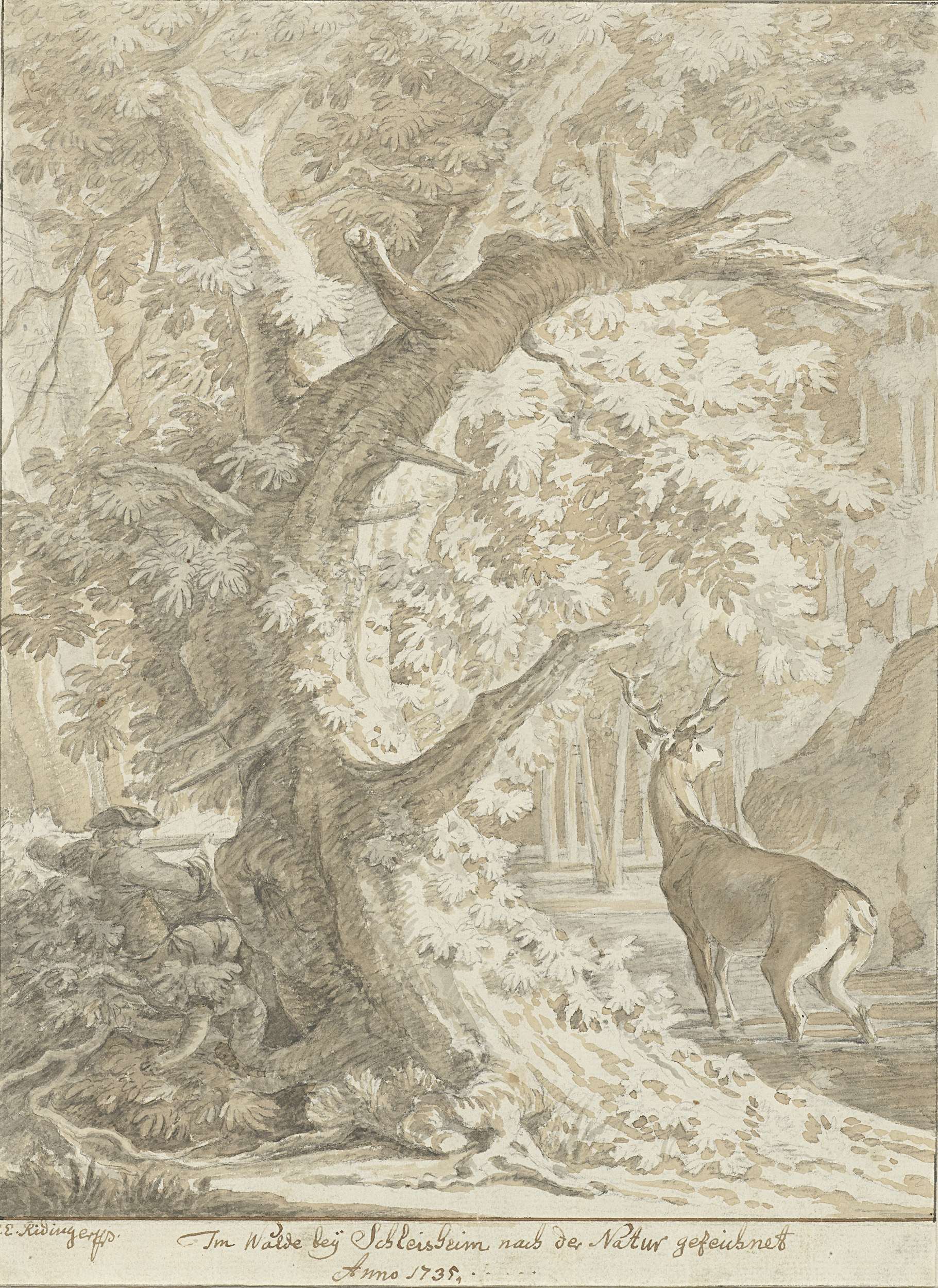 Rococo oil painting by Johann Elias Ridinger depicting a hunter aiming at a deer near water.