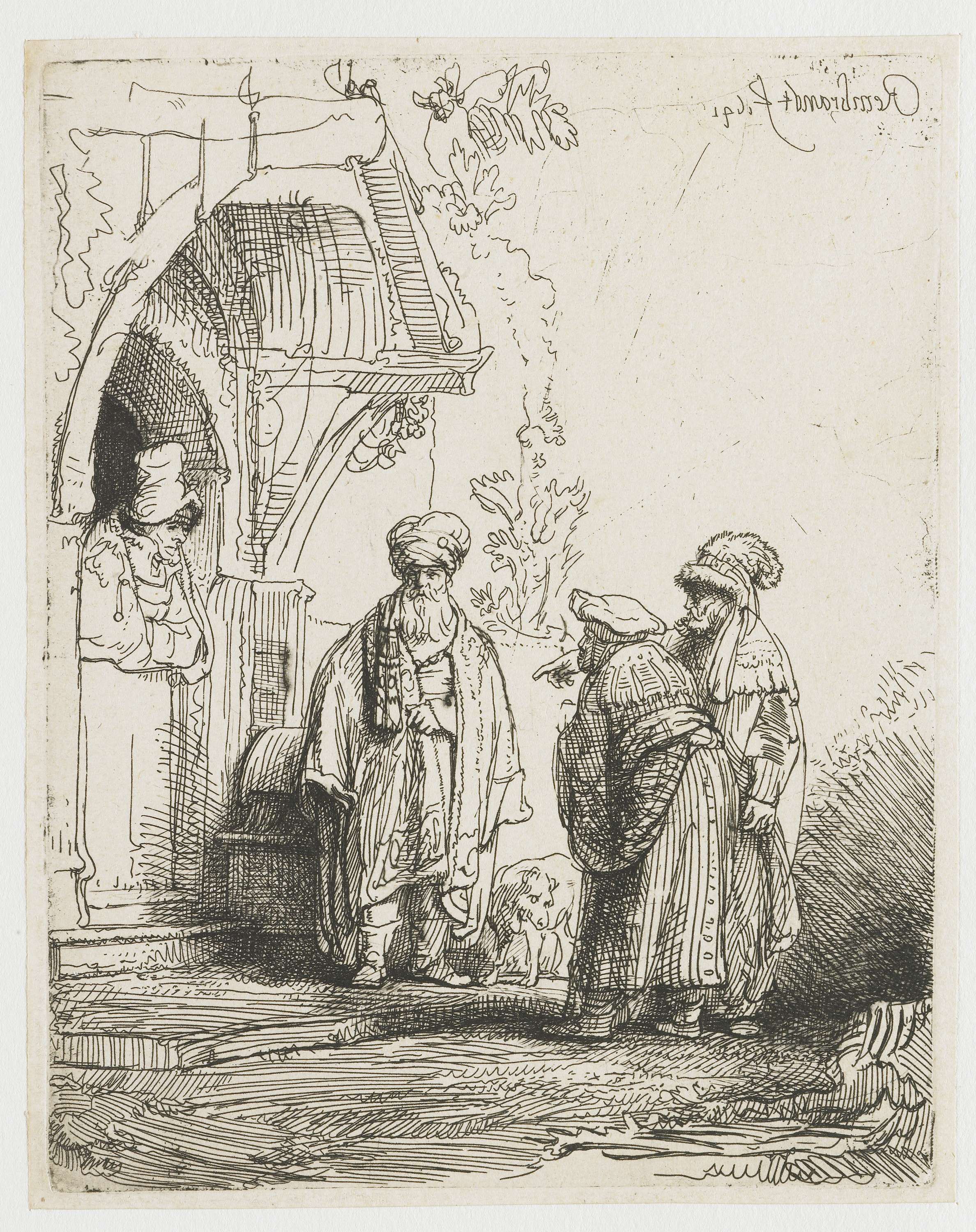 Three oriental figures (Jacob and Laban?), by Rembrandt van Rijn, public domain
