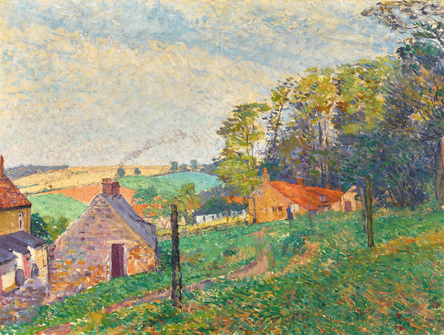Landscape With Cottages by Spencer Frederick Gore, impressionism, depicting cottages under sunlight.