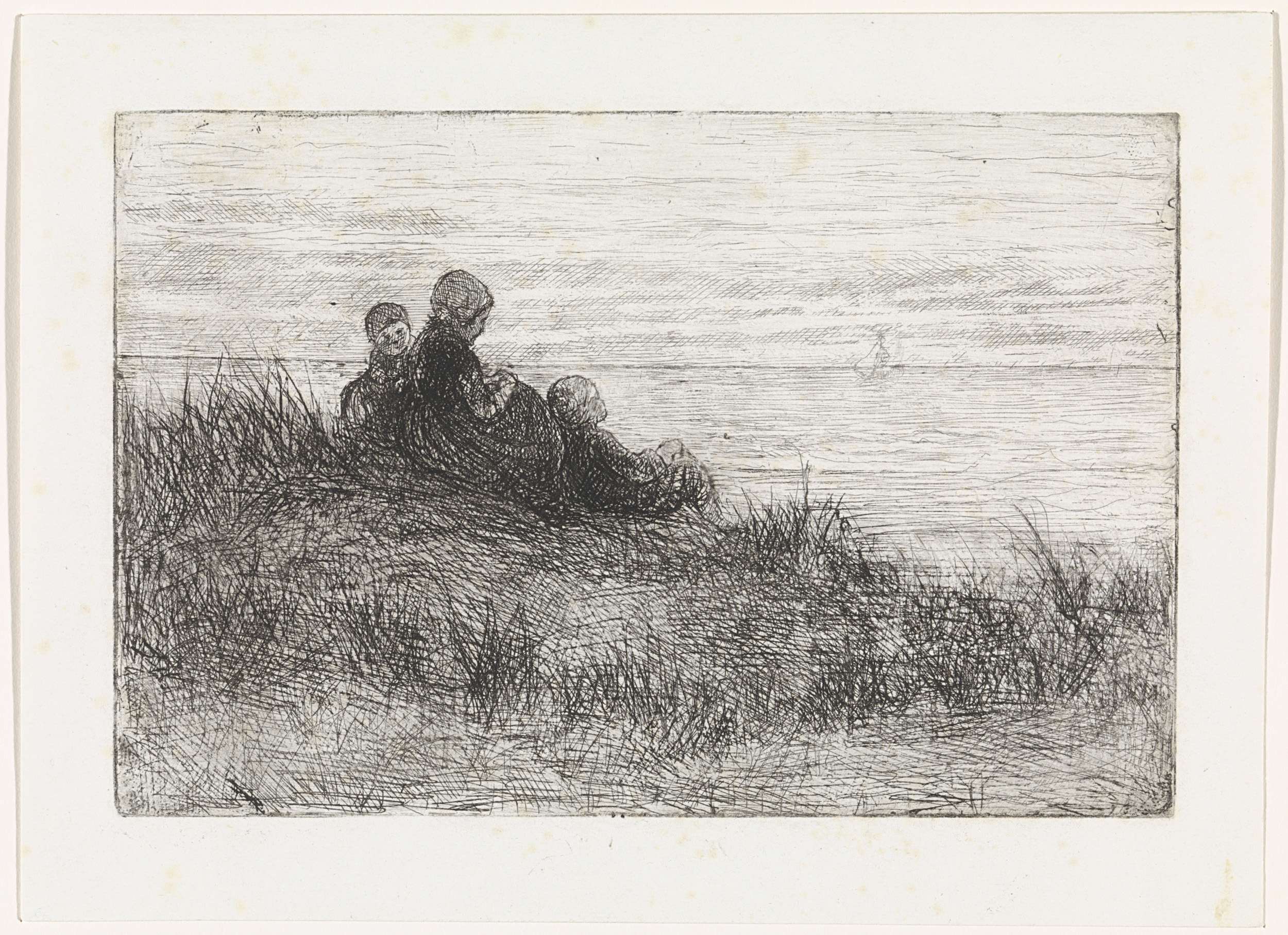 Duinlandschap met moeder en kinderen, etching by Jozef Israëls depicting a mother and children in a dune landscape.