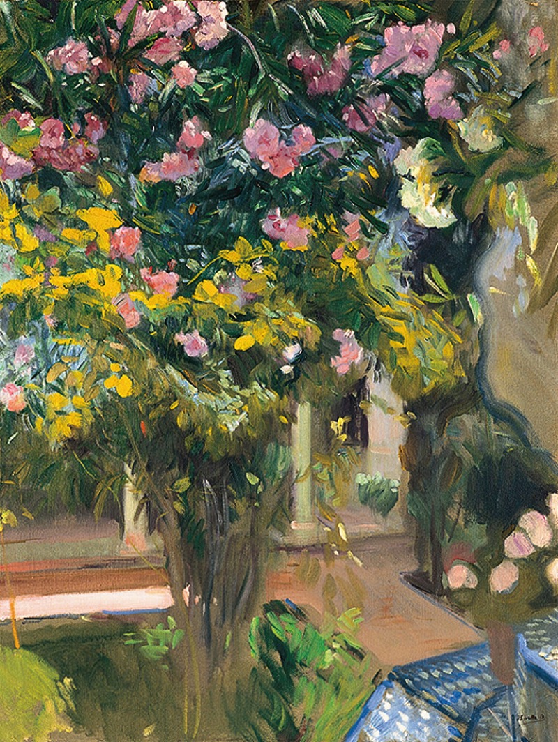 A vibrant painting of oleanders in the artist's courtyard.