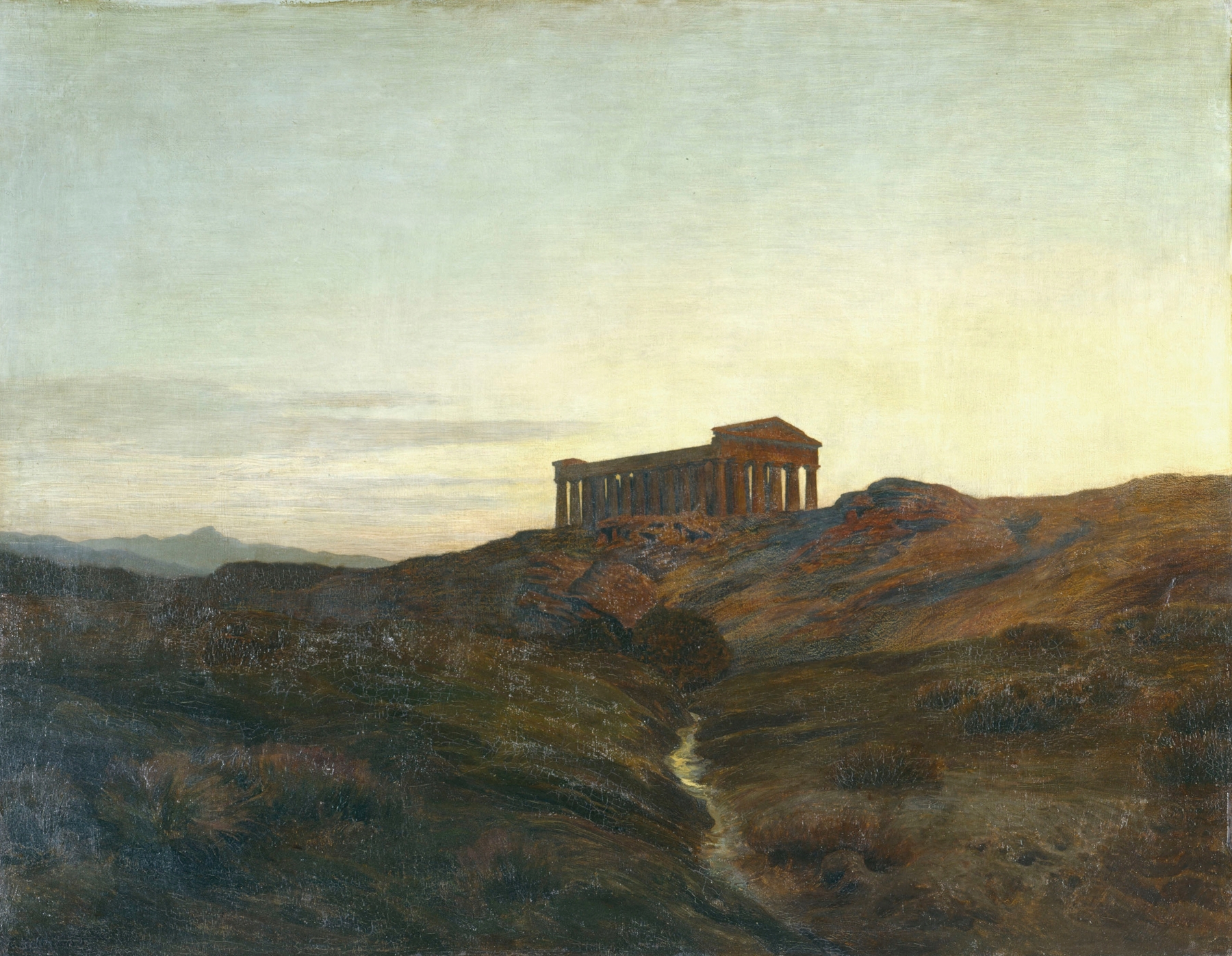 Terre antique, le temple by Émile-René Ménard, oil painting depicting an ancient temple in ochre tones.
