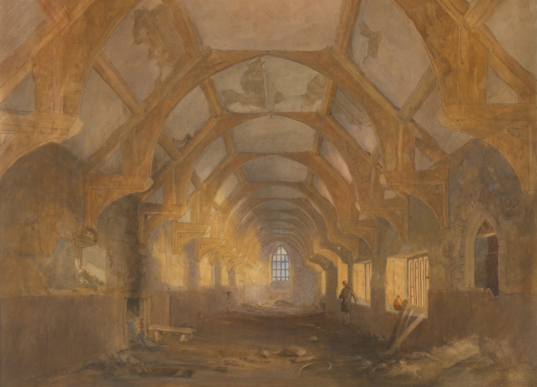 Interior of a Dormitory of the Ipswich Blackfriars at the End of its Period of Occupation by Ipswich School, by John Sell Cotman, public domain