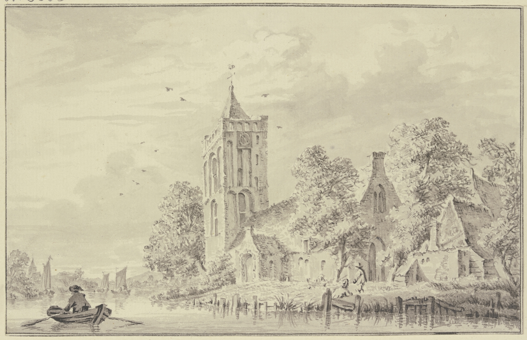 Dorfkirche am Wasser, an oil painting by Paulus van Liender depicting a man rowing on a river.
