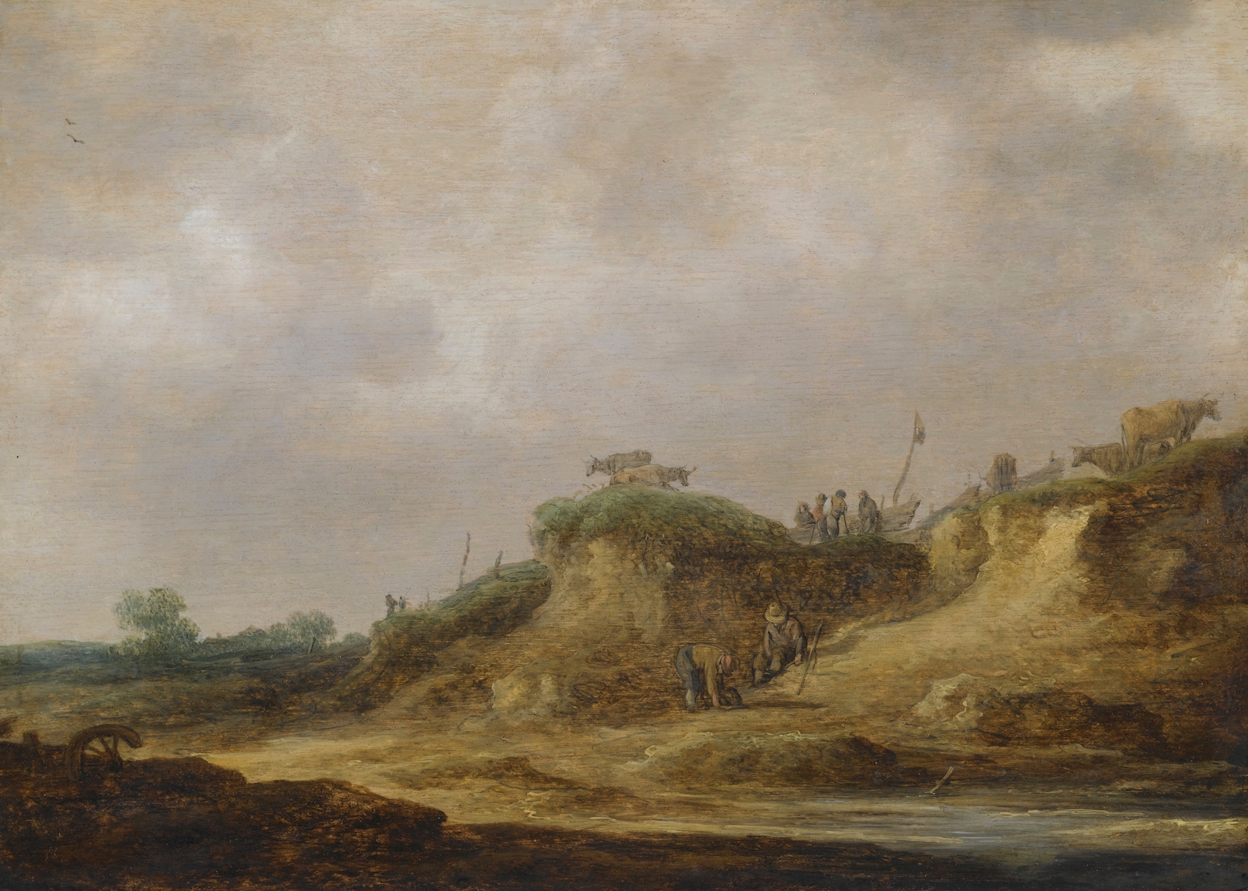 A dune landscape with herdsmen tending cattle, oil on canvas by Jan van Goyen.