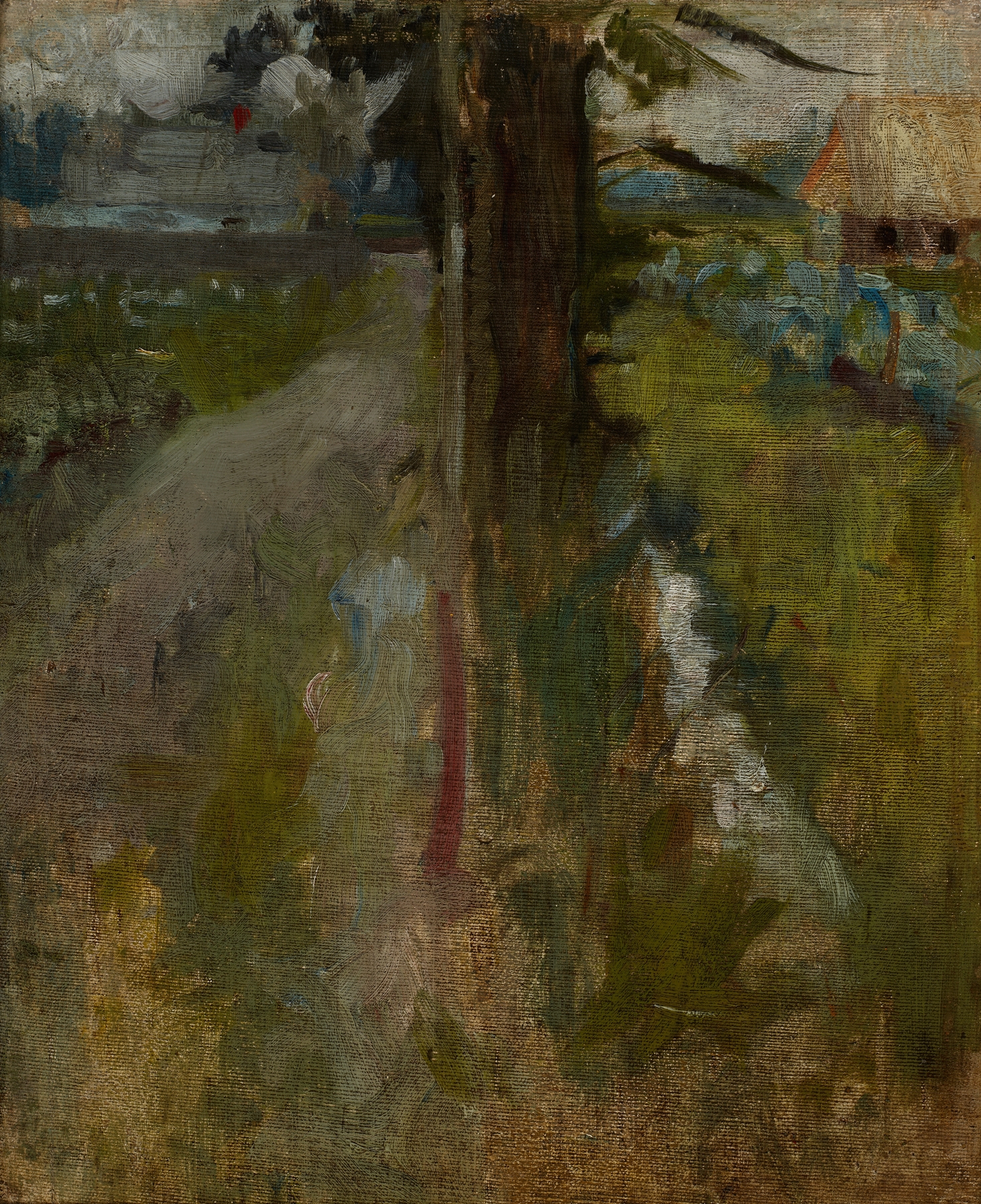 Landscape Motif by Olga Boznanska, oil on canvas showing a serene meadow with flowers and soft light.