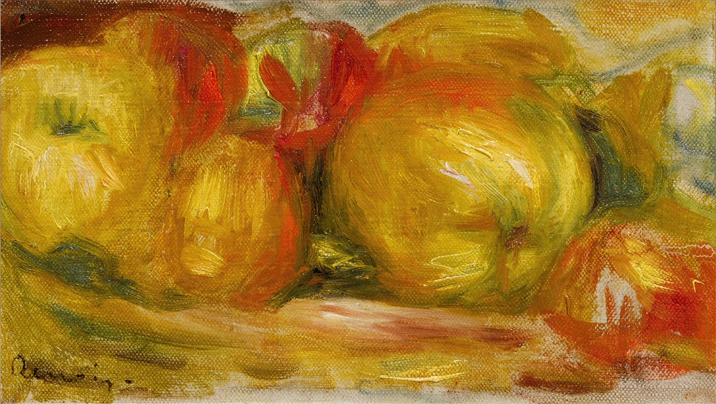 This painting features a delicate arrangement of flowers and fruits in a soft, impressionistic style.