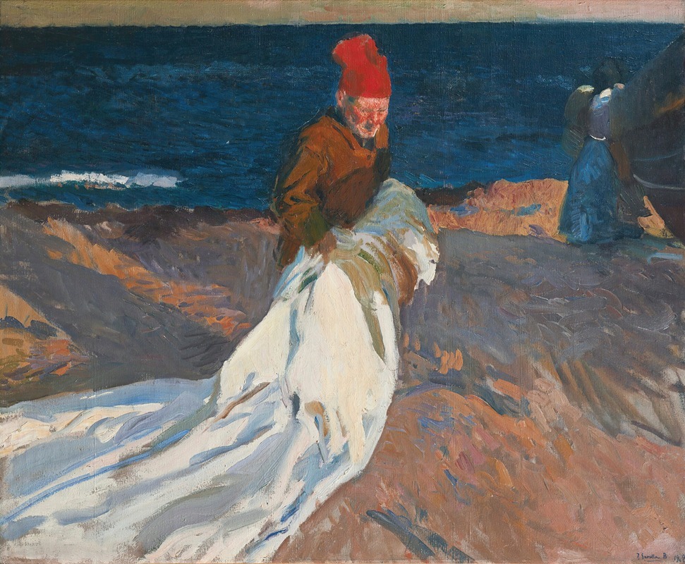 A vibrant scene of a beach in Valencia with figures gathering a sail.