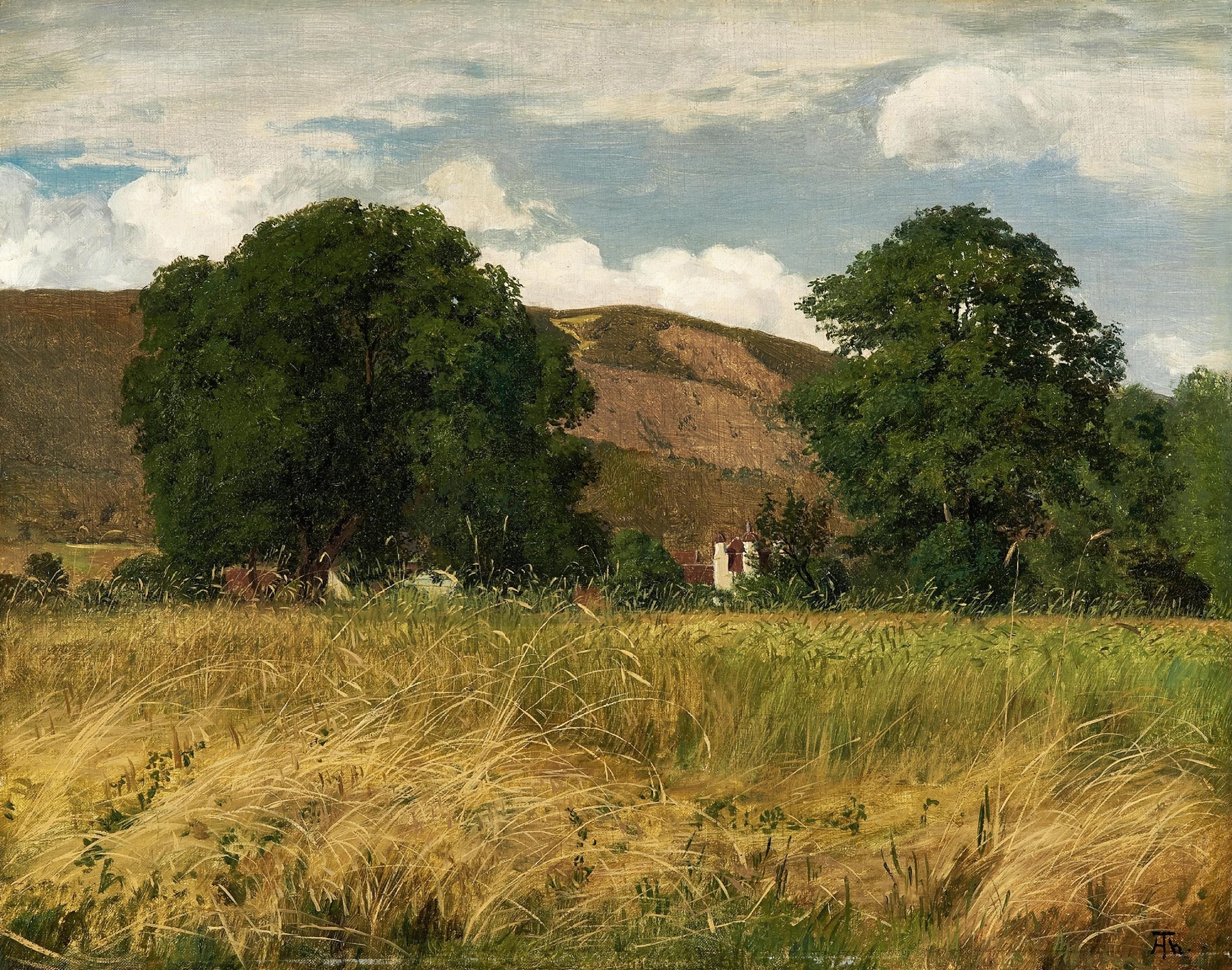 Landscape with two large trees and a meadow, oil on canvas by Hans Thoma