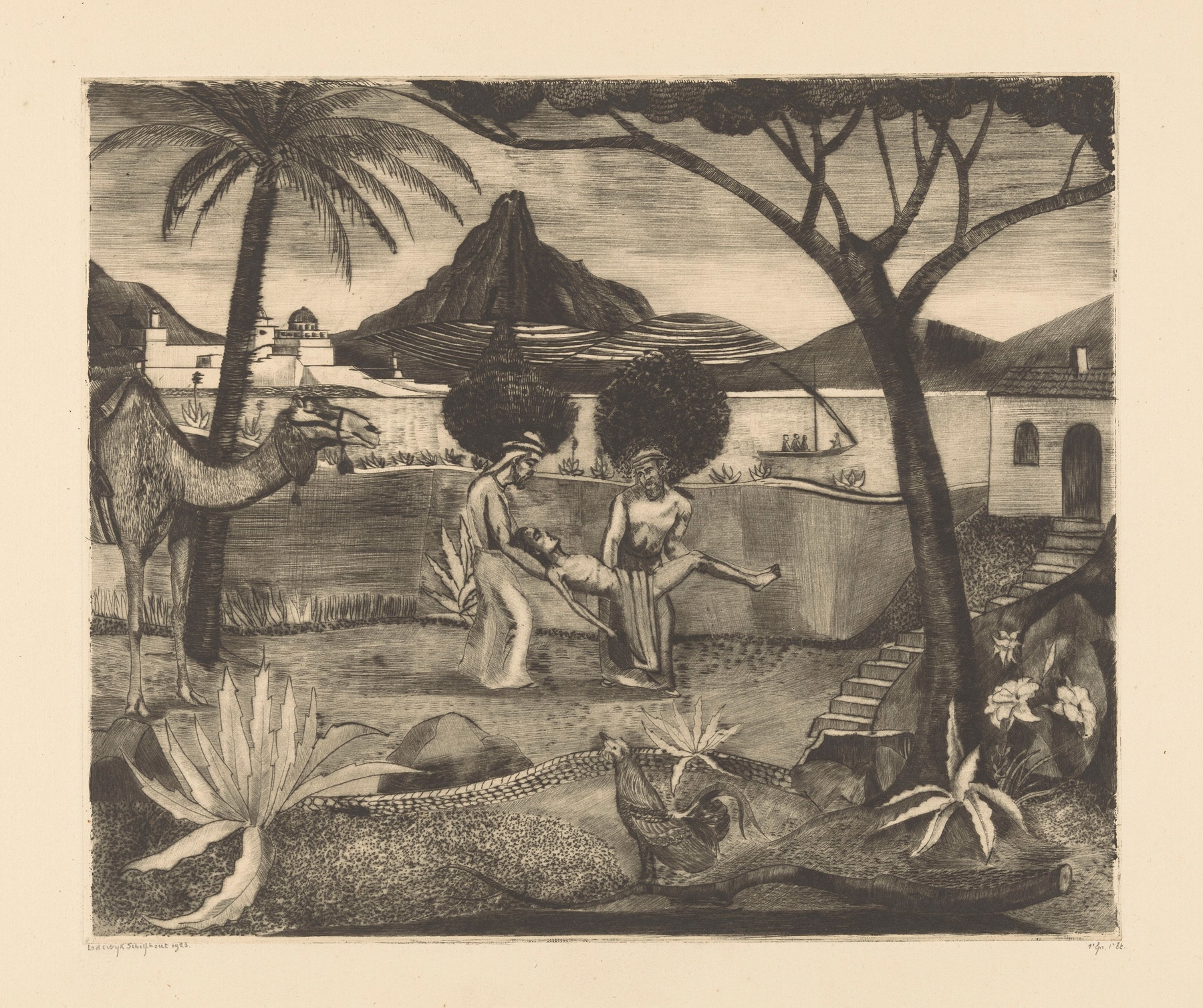Figurative scene of two figures carrying a man in a garden, by Lodewijk Schelfhout