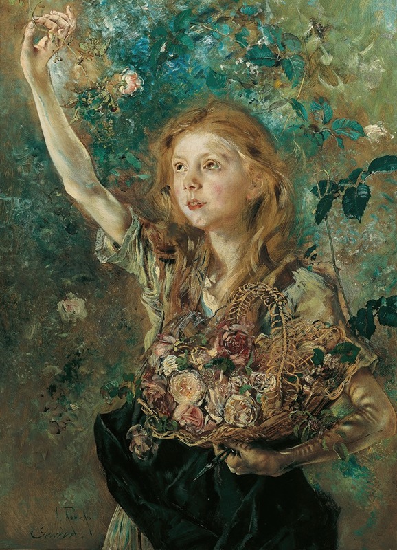 A young woman picking roses in a lush garden.