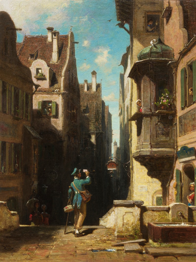 Carl Spitzweg's 'Der Postbote' depicts a postman in a charming, everyday scene.