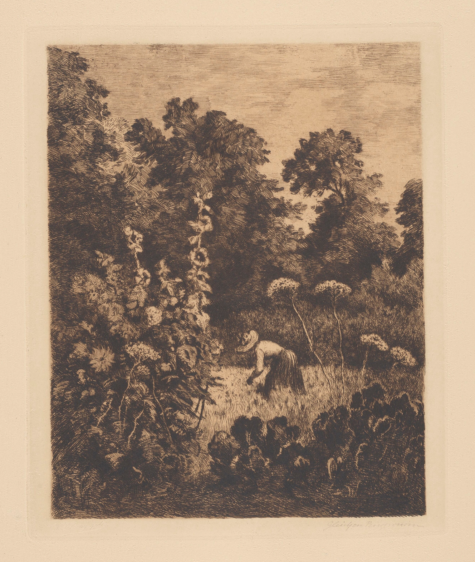 Woman working in the garden, kneeling among flowers, by Heinrich-Ludwig von Gleichen-Russworm, oil painting