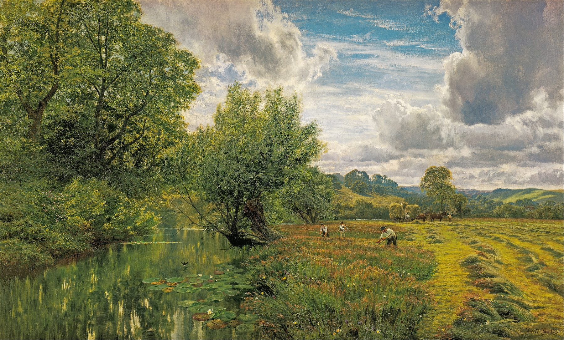 Oil painting by George Vicat Cole depicting a landscape with grasses and trees.