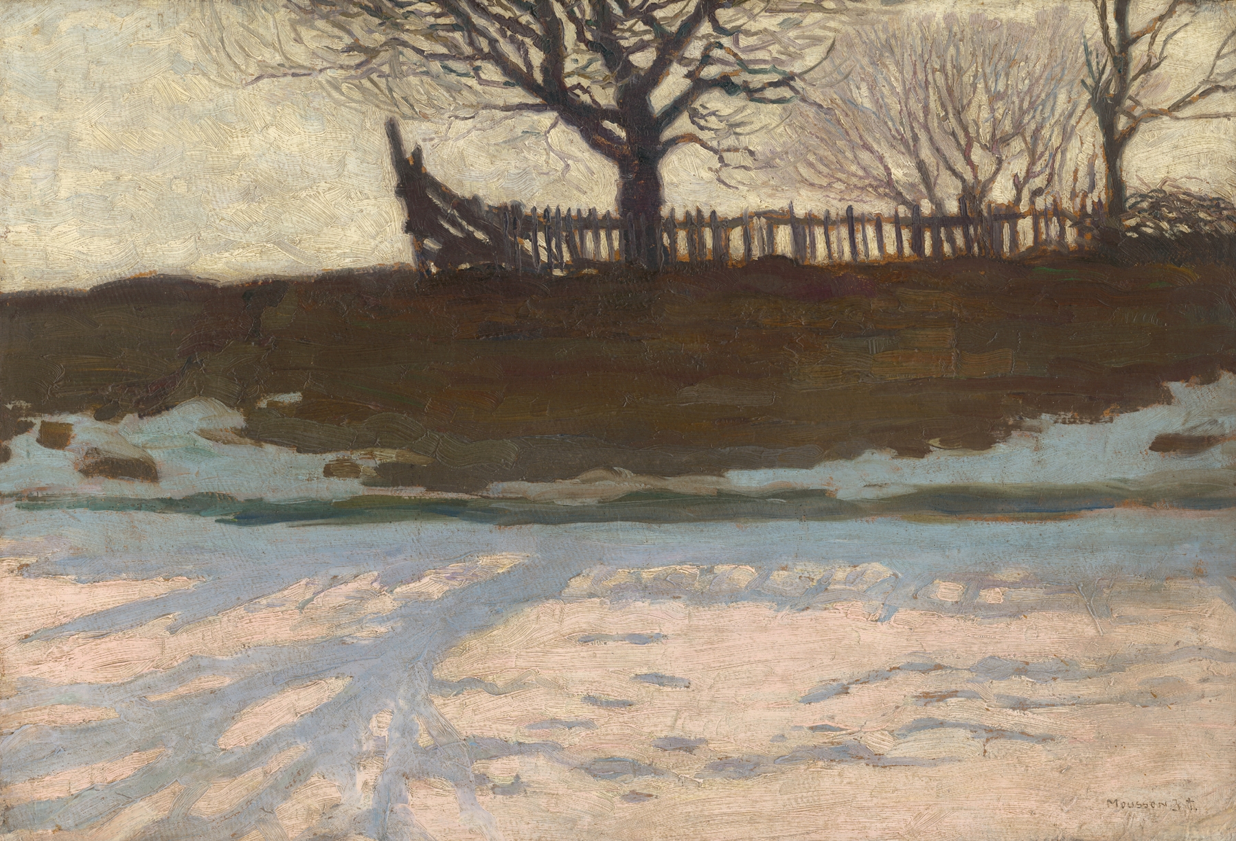 Landscape oil painting by Jozef Teodor Mousson depicting rolling hills and muted colors.