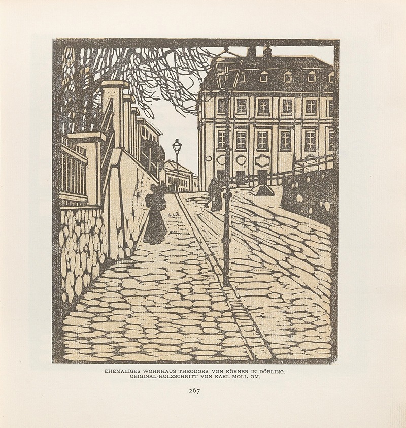 This painting depicts a residential building designed by Carl Moll in the Art Nouveau style.
