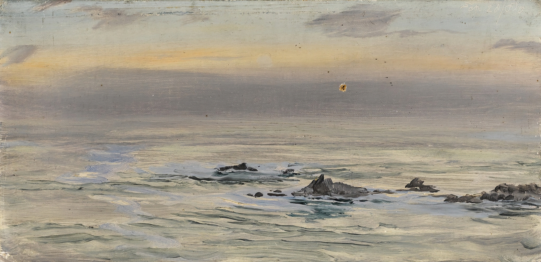 The Close Of A Summer Day by John Brett, oil painting depicting a sunset over a tranquil landscape