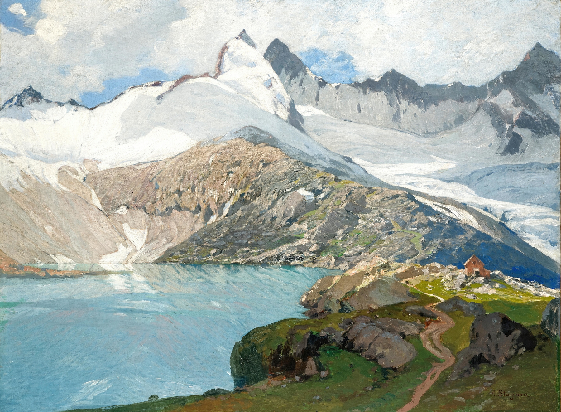 A Mountain Lake with a Hut, oil on canvas by Albert Stagura, featuring mountains and a tranquil lake.