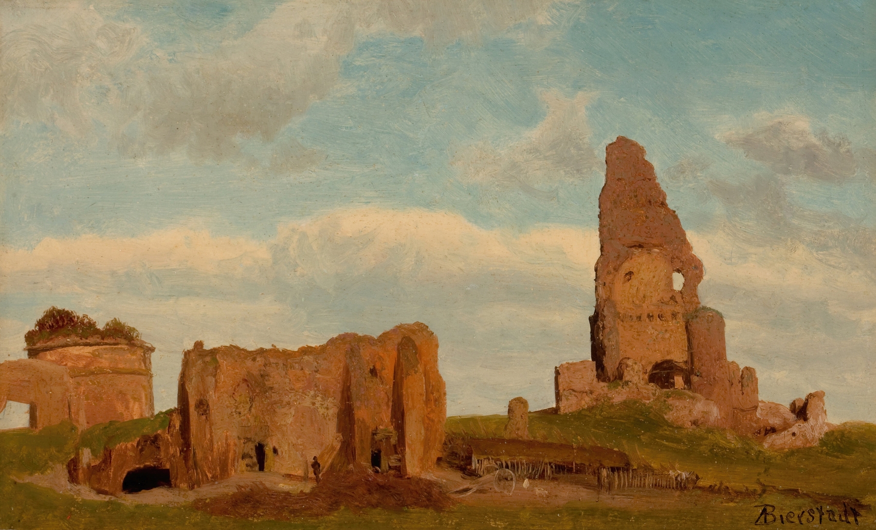 Ruins-Campagna of Rome by Albert Bierstadt, oil painting depicting ancient columns and expansive sky.
