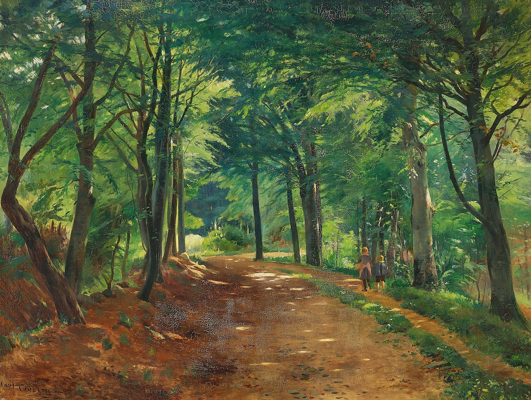 Impressionist oil painting by Carl Carlsen depicting children on a forest path.