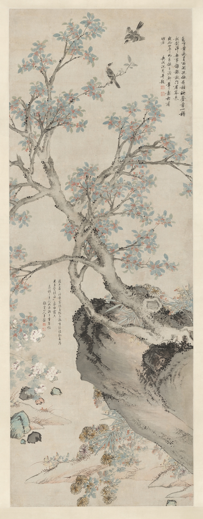 Yellow Chrysanthemums and Red Osmanthus in the Style of Wang Yuan, by Shen Zhou, public domain