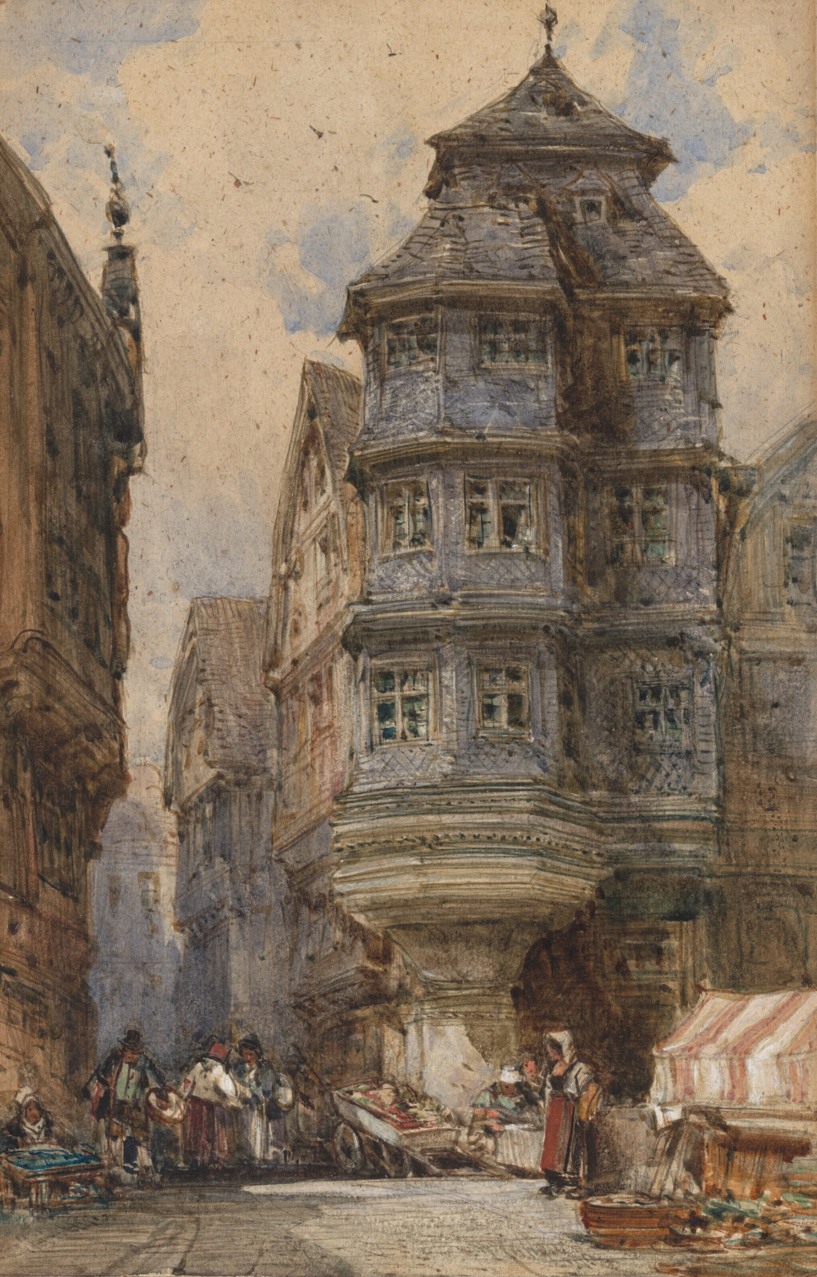 Watercolour by William Callow depicting old houses in Frankfurt with intricate details and soft hues.