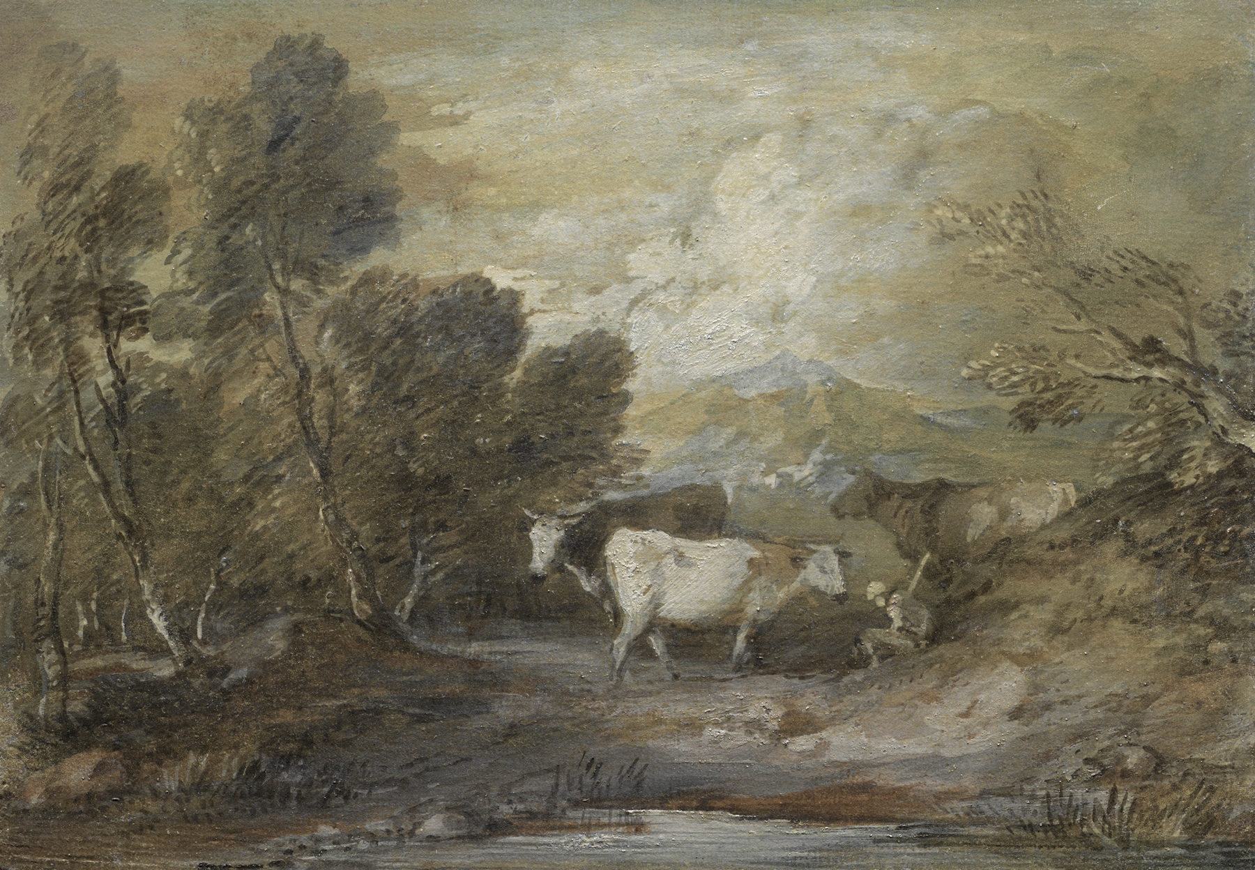 A Herdsman with Three Cows by an Upland Pool, by Thomas Gainsborough, public domain