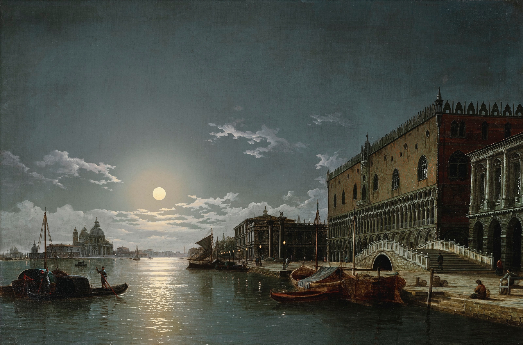 Moonlight landscape featuring the Bacino di San Marco by Henry Pether, oil painting