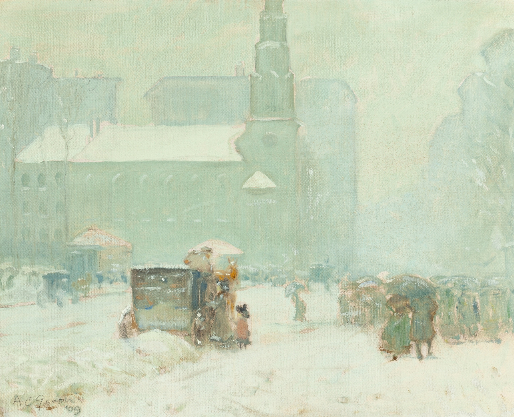 Park Street, Boston by Arthur Clifton Goodwin, oil on canvas depicting a sunlit cobblestone street with figures.