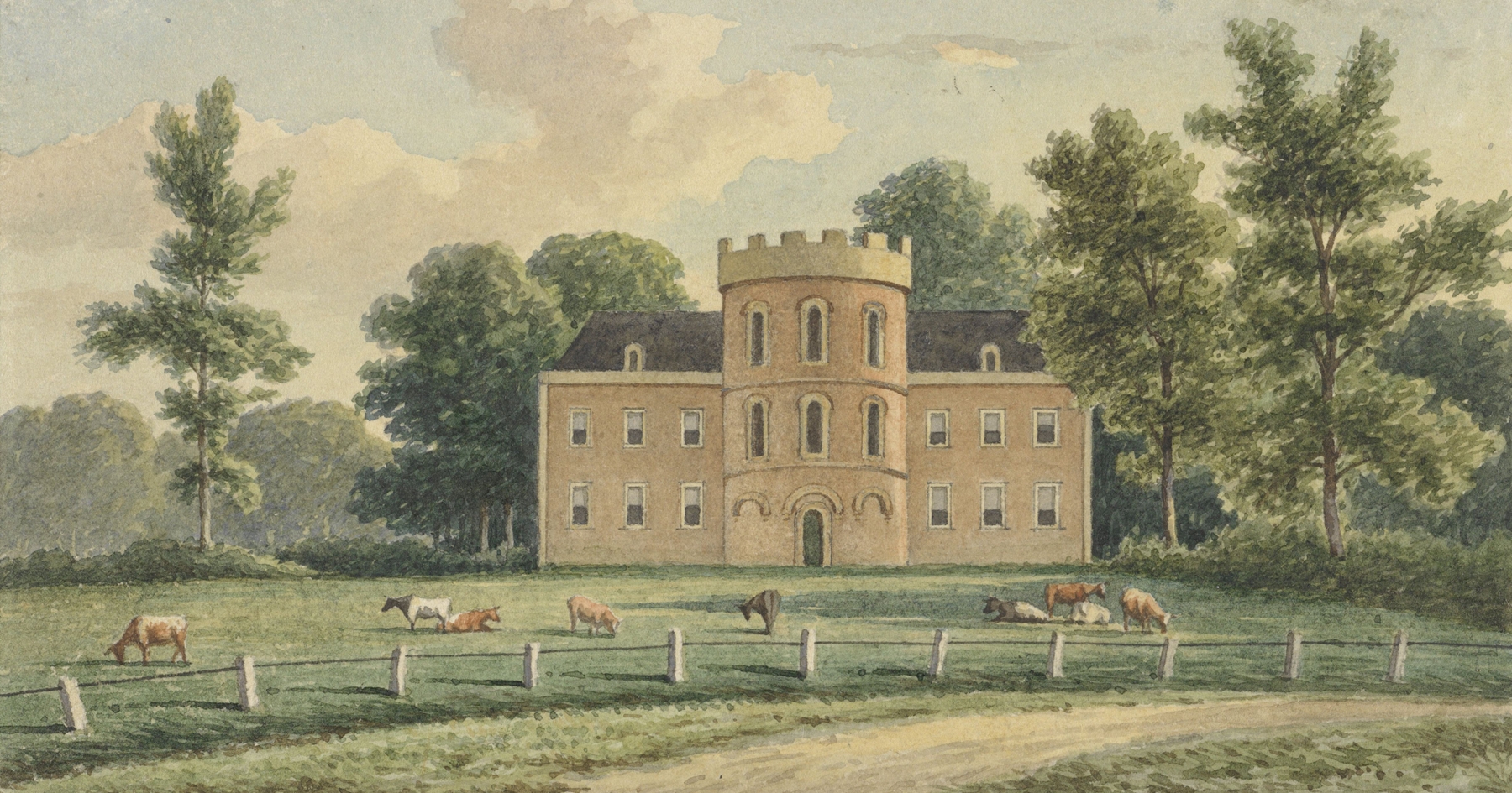 Landscape featuring a dark doorway and warm light by Christianus Hendricus Hein, medium unknown