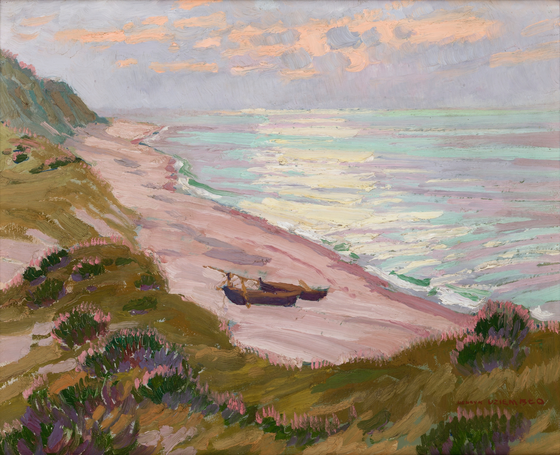 Seashore by Henryk Uziembło, oil painting depicting gentle waves and a shimmering horizon.