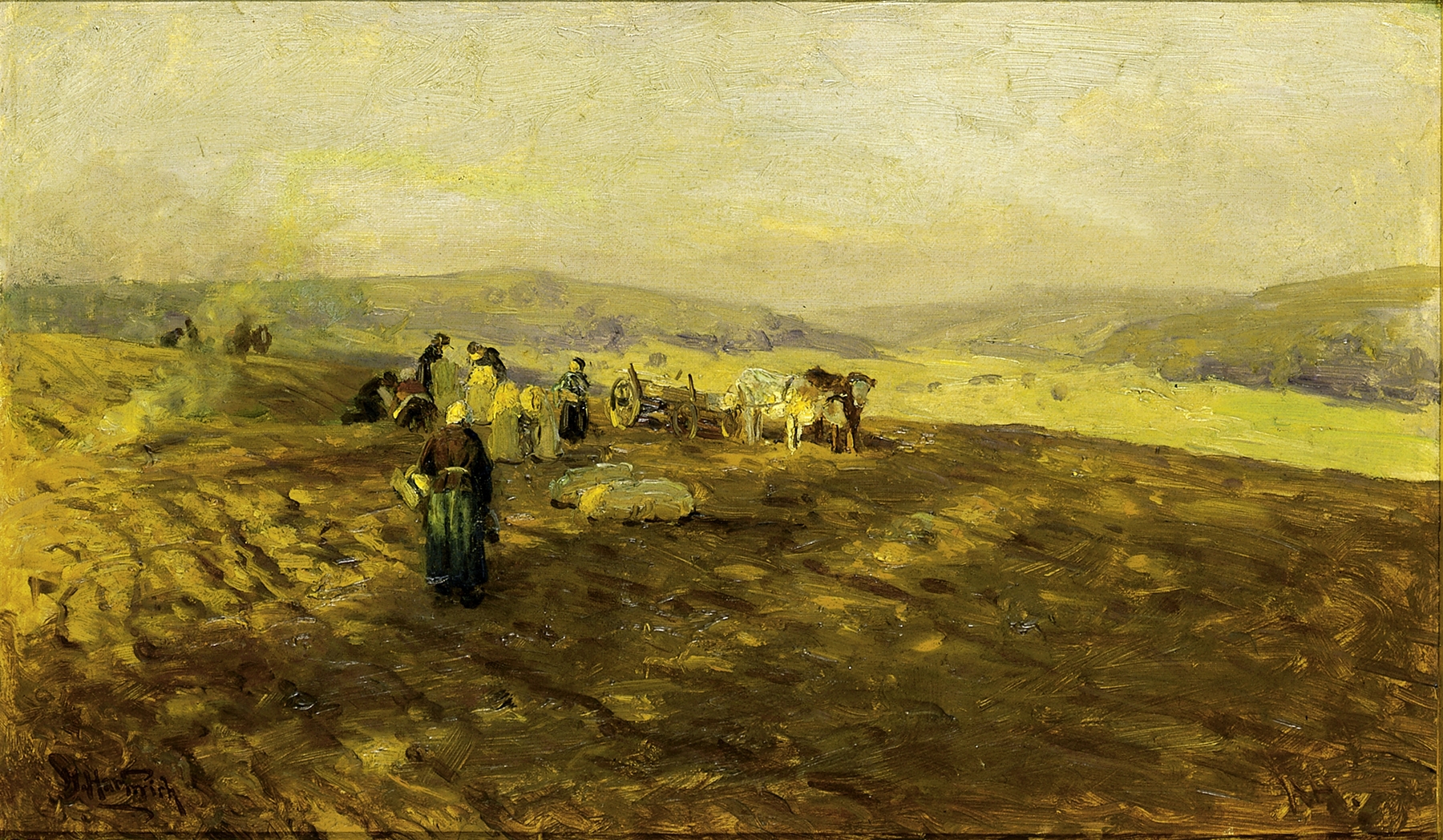 Potato Gleaners by Herman Hartwich, oil on canvas, depicting figures harvesting in earthy tones.
