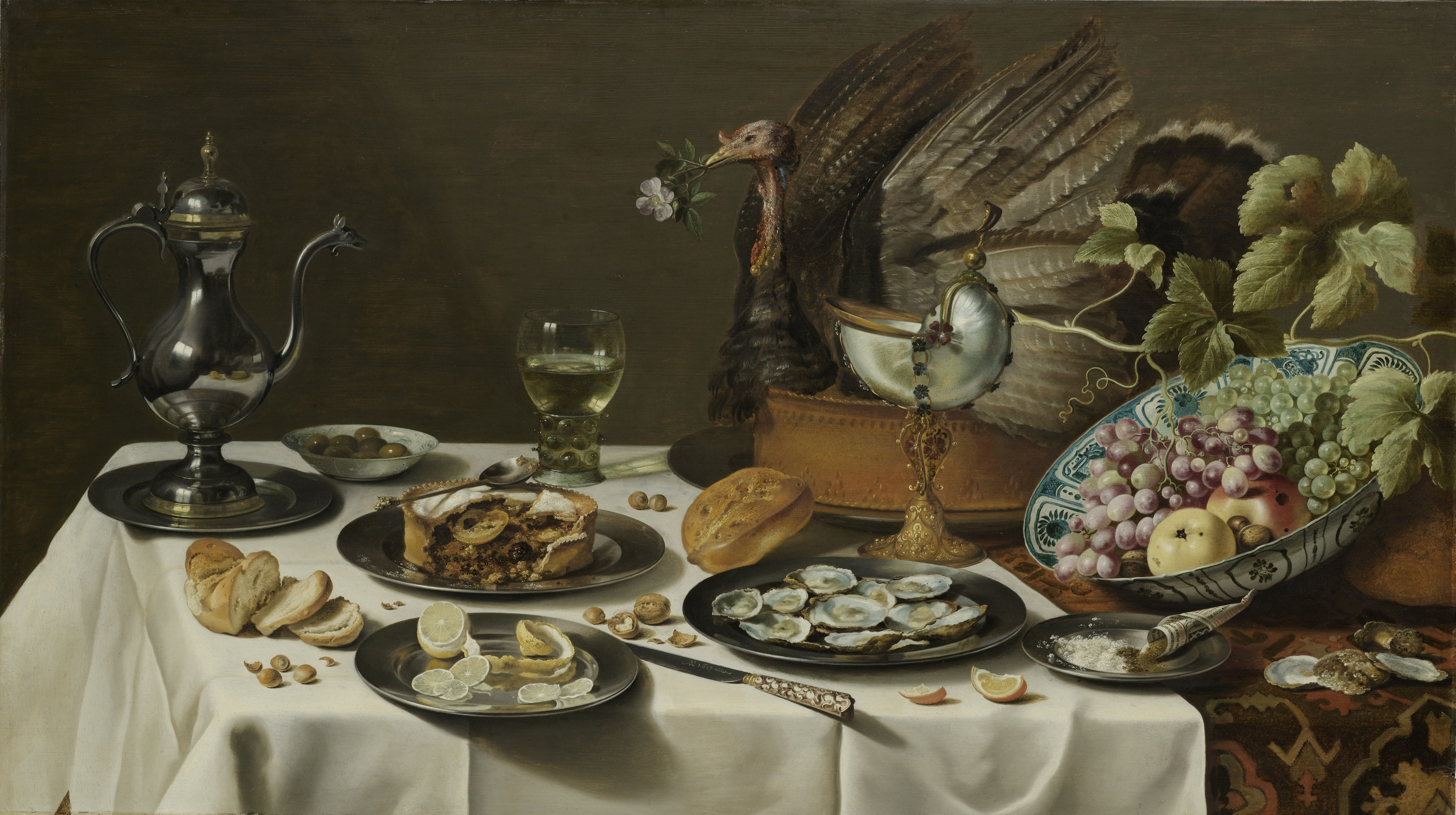 Still Life with a Turkey Pie, by Pieter Claesz, public domain