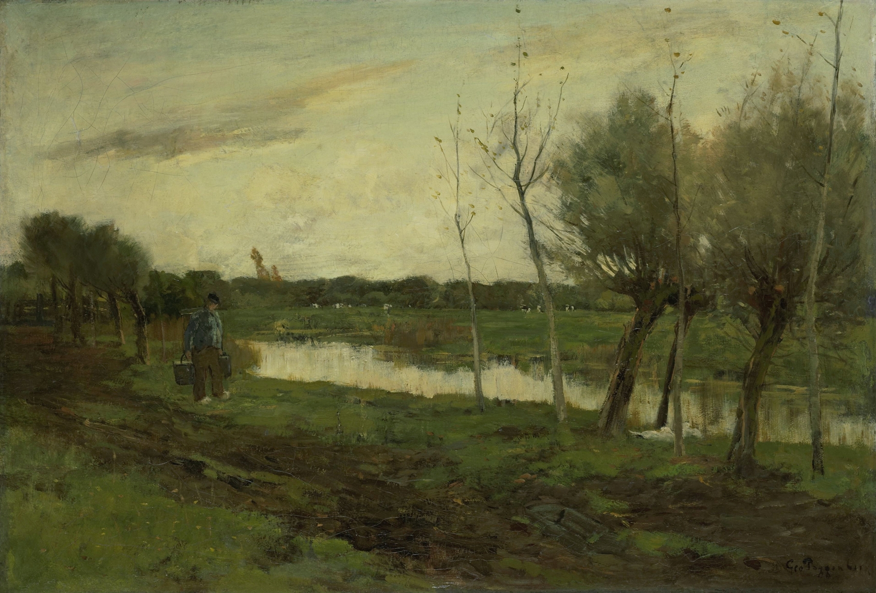Landschap met een vaart by Geo Poggenbeek, oil painting featuring a luminous river and lush greenery.