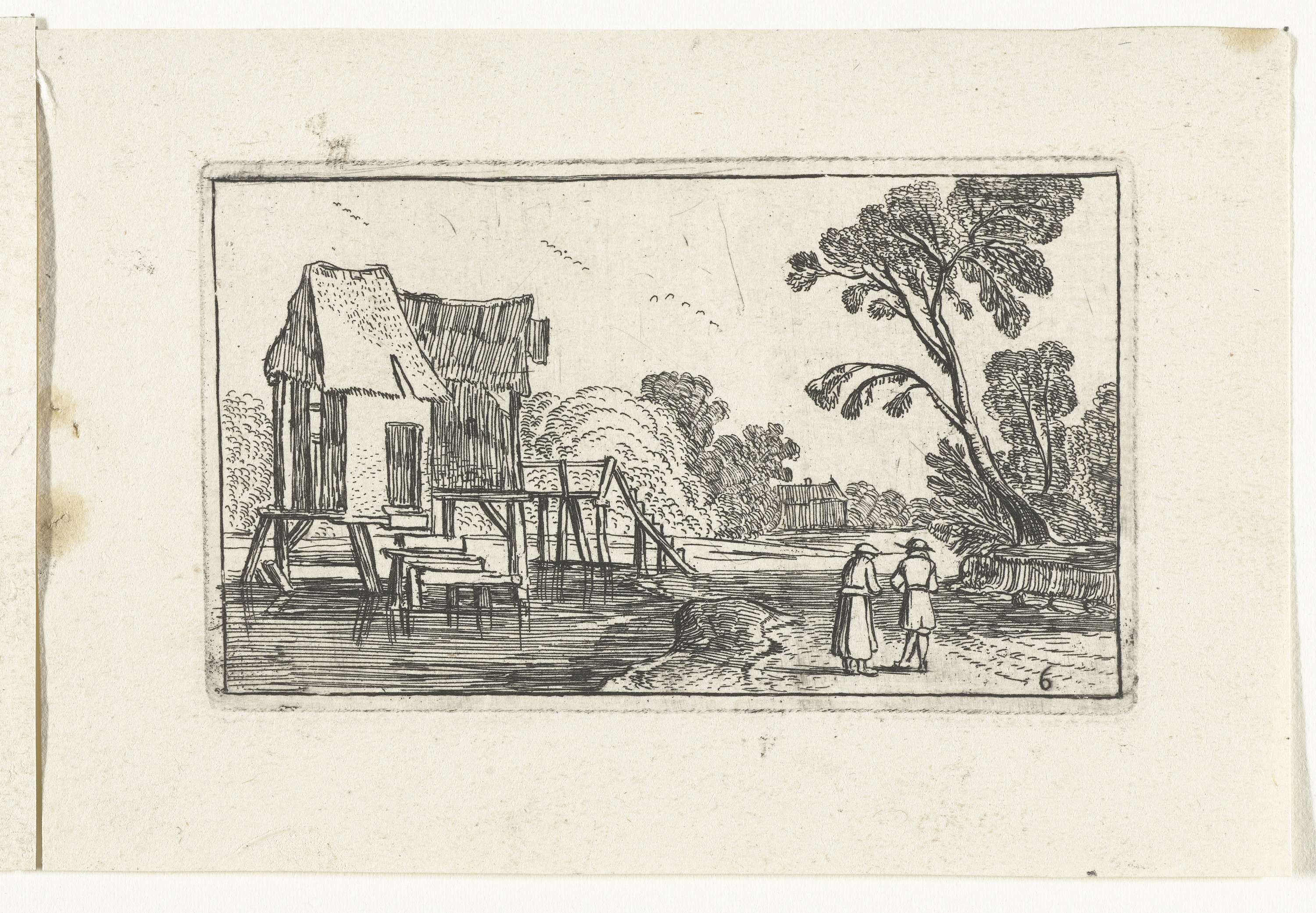 Etching by Unknown Artist depicting a river with a building on stilts