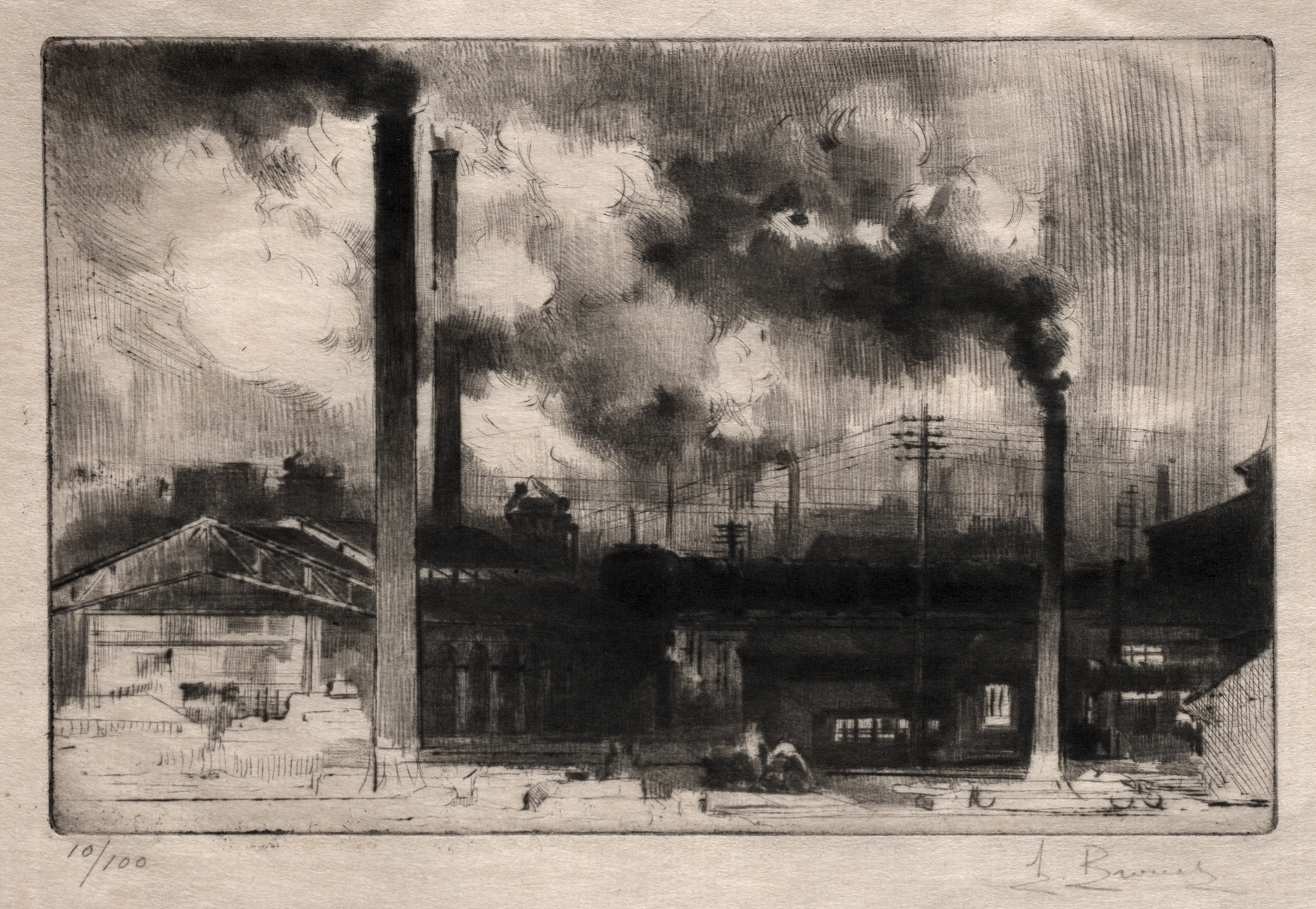 At the Creusot Works The Smokestacks, etching by Auguste Brouet depicting industrial smokestacks and shadows.