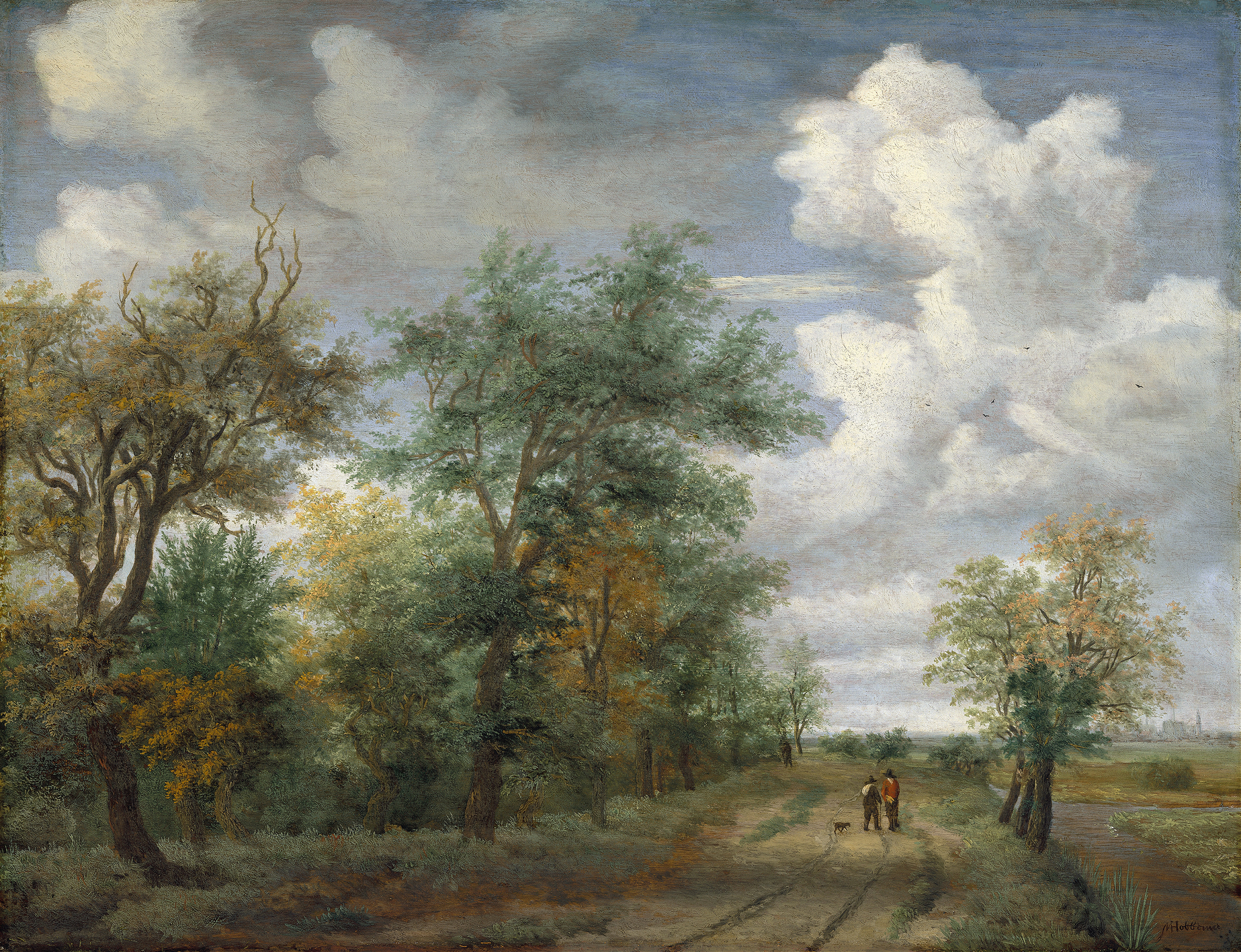 A Wooded Landscape with Figures, by Meindert Hobbema, public domain