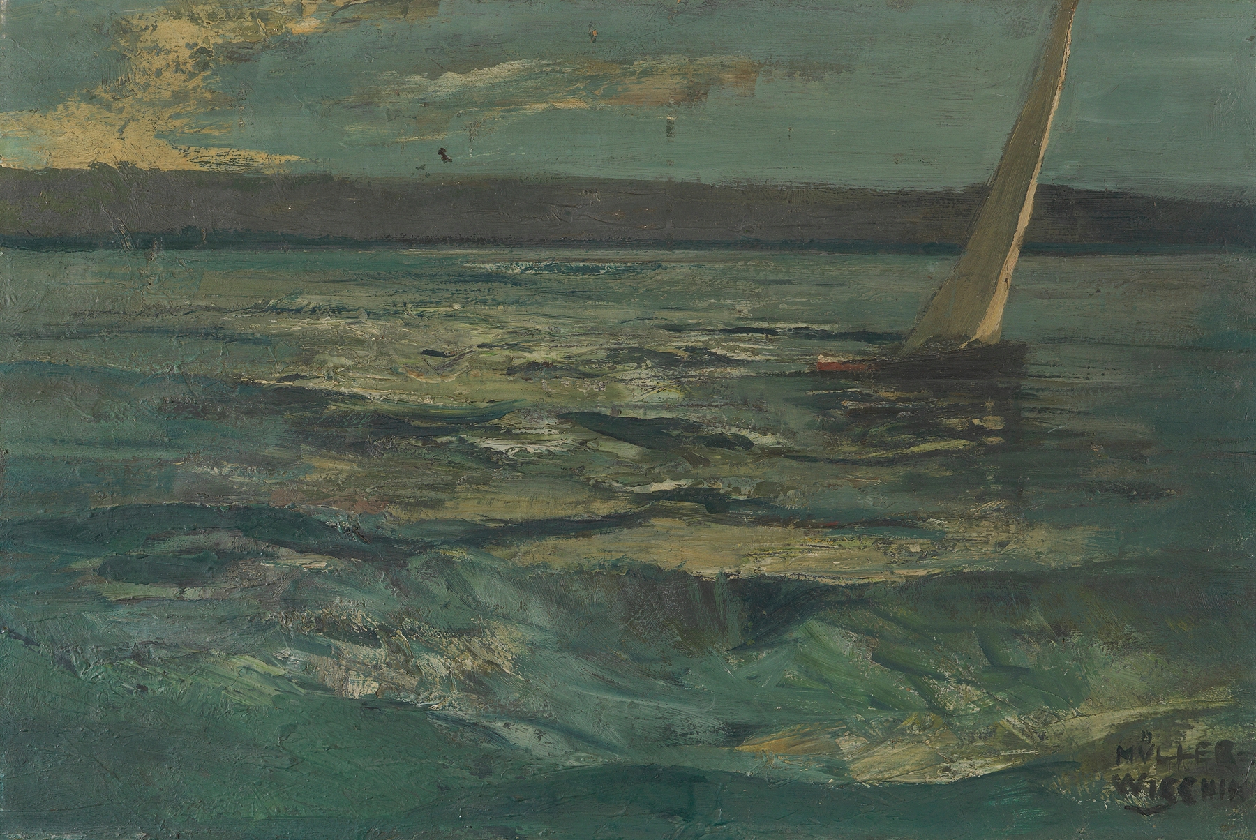 Oil painting by Anton Müller-Wischin depicting a lake with a sailboat and gentle water movement.