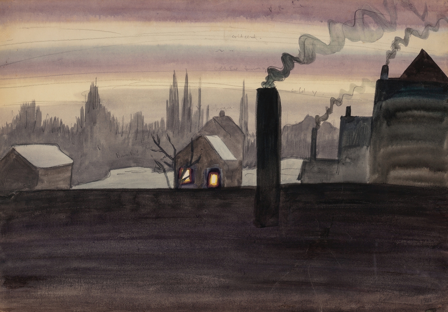 Landscape with golden light and trees by Charles Ephraim Burchfield, 1921, oil painting.