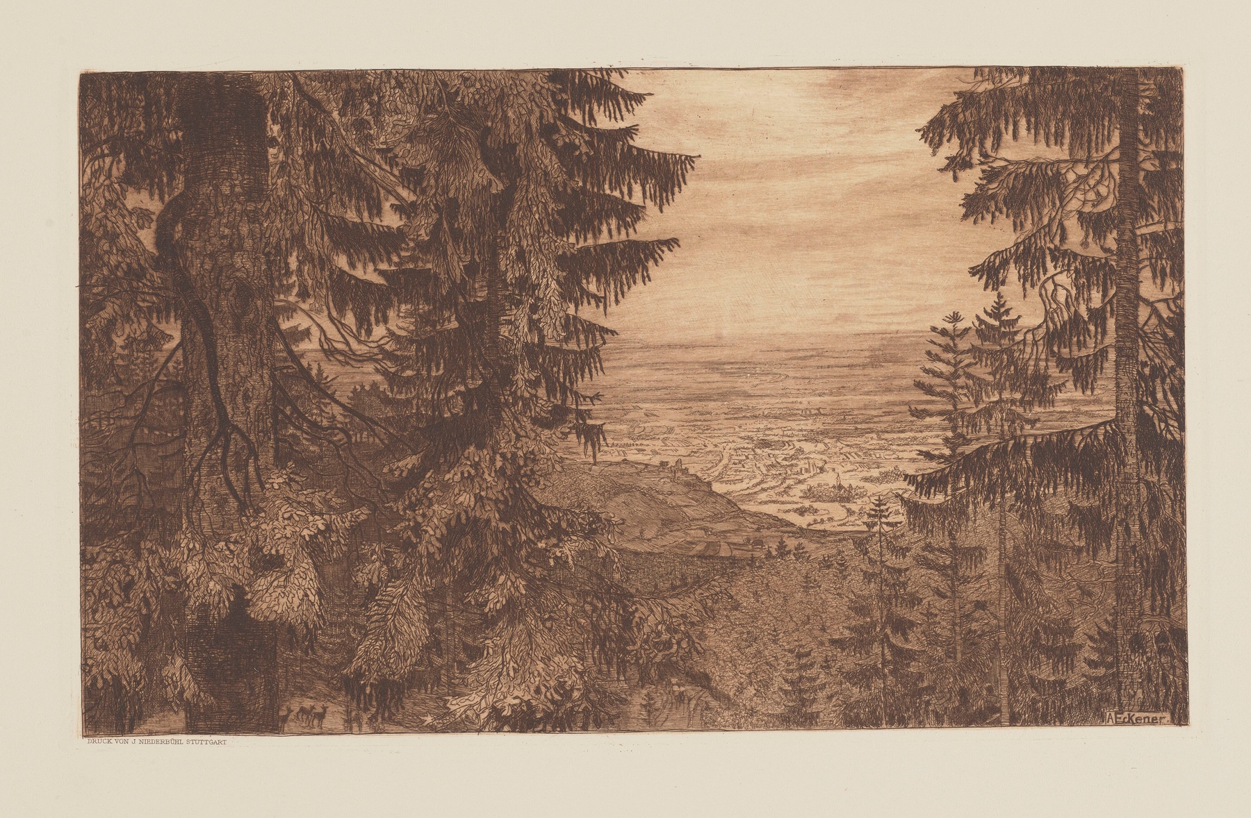 Landscape featuring roe deer in a forest by Alexander Eckener, oil painting