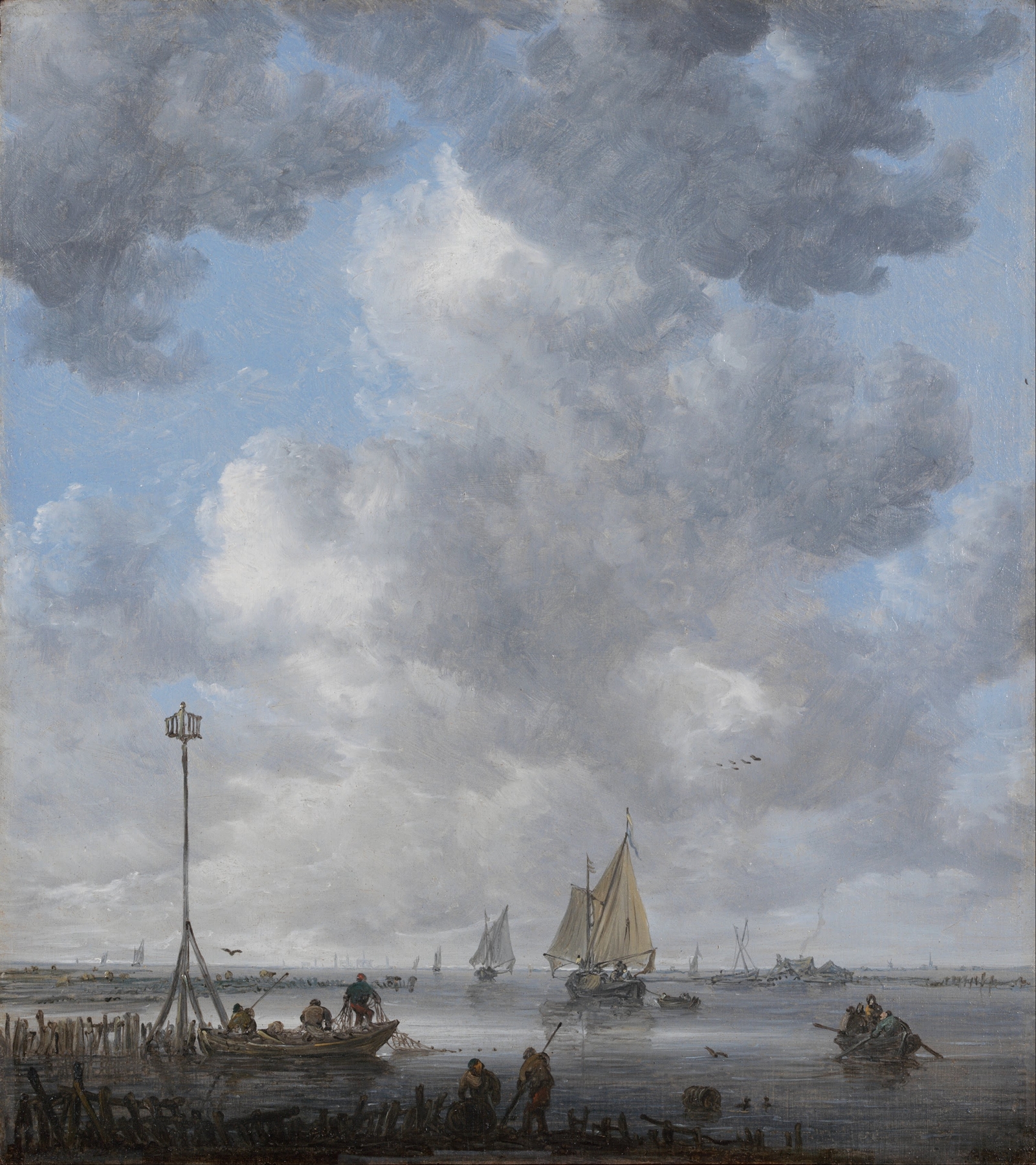 A Calm by Jan van Goyen, oil on canvas landscape featuring a serene horizon and soft clouds.