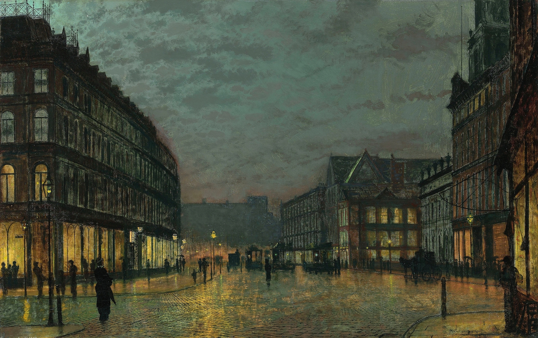 Boar Lane, Leeds by lamplight, by John Atkinson Grimshaw, public domain