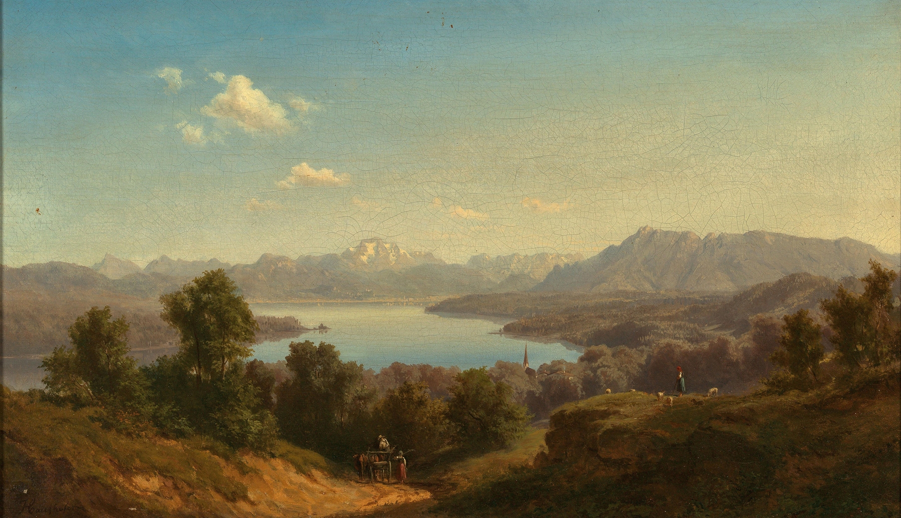 A View of Lake Waginger See by Maximilian Haushofer, oil painting depicting serene lake reflections.