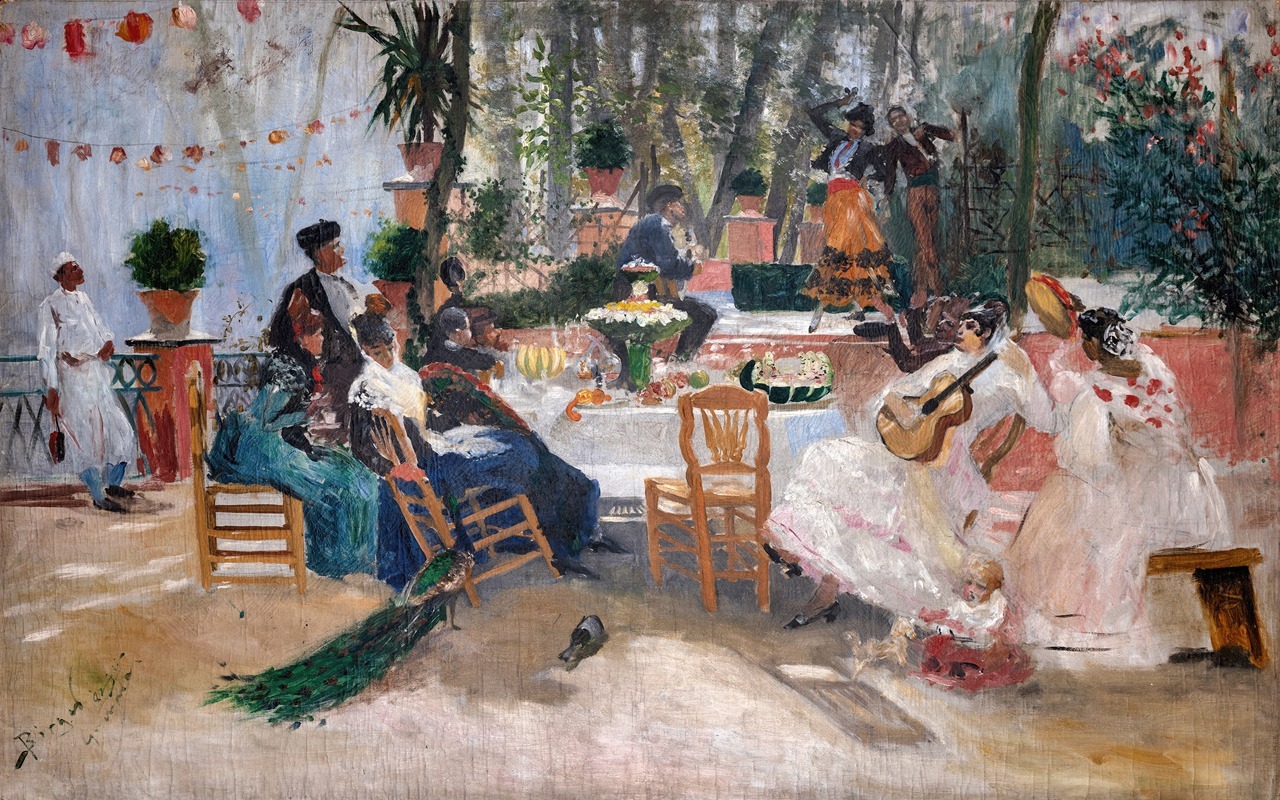 A sketch depicting a lively lunch scene during La Feria in Granada.