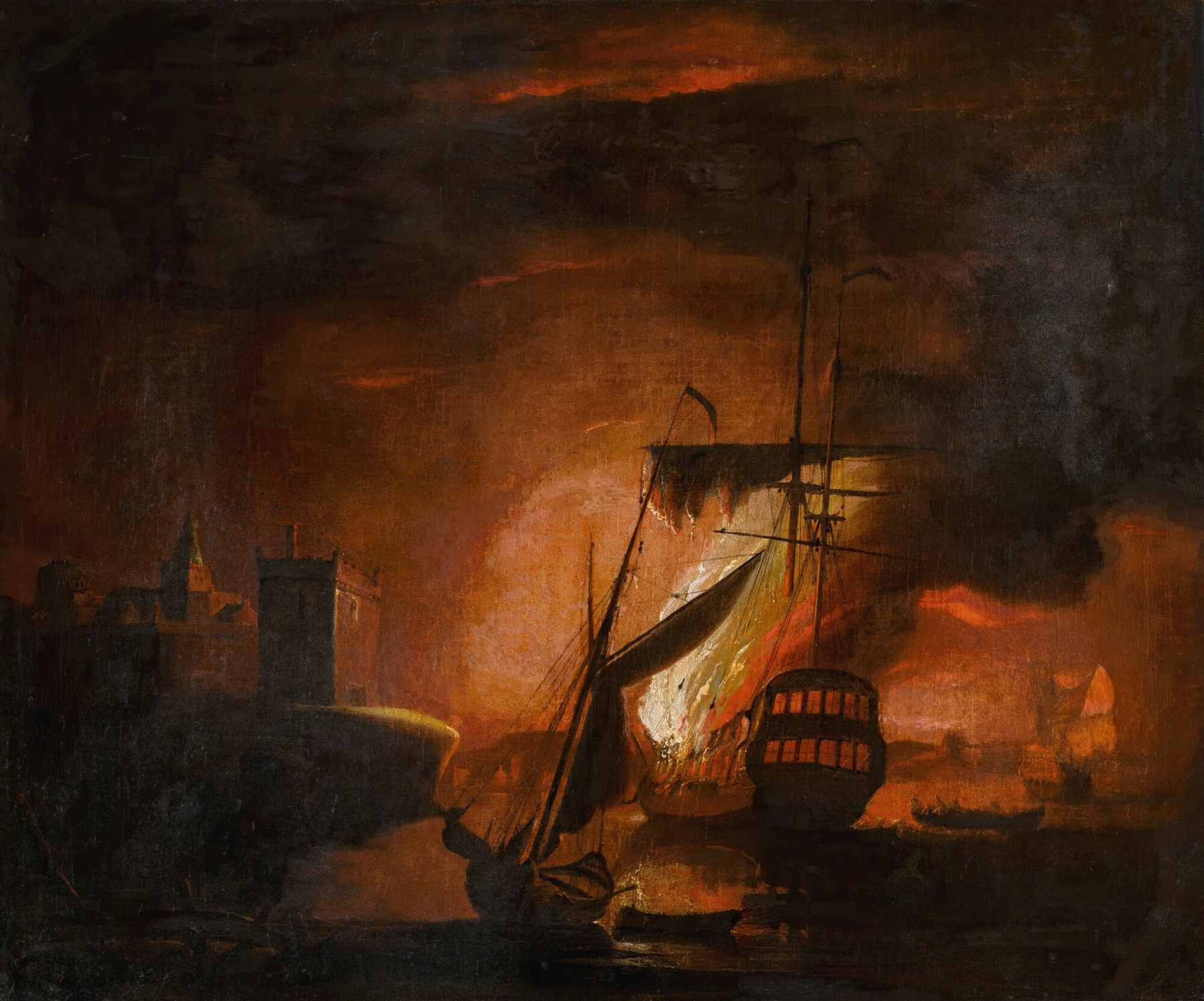 A ship on fire at night, by Peter Monamy, public domain