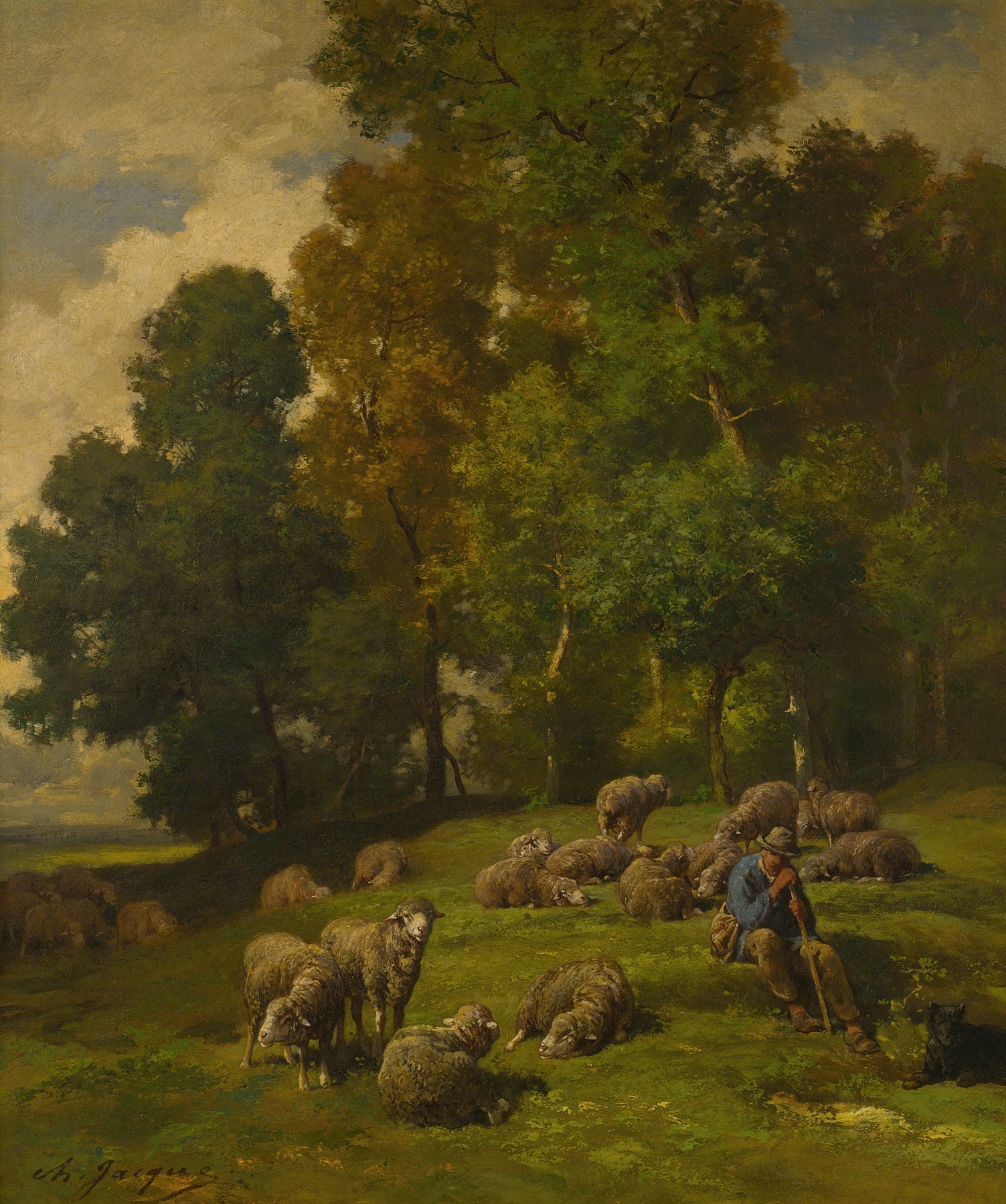Shepherd in a field with his flock, oil on canvas by Charles Emile Jacque